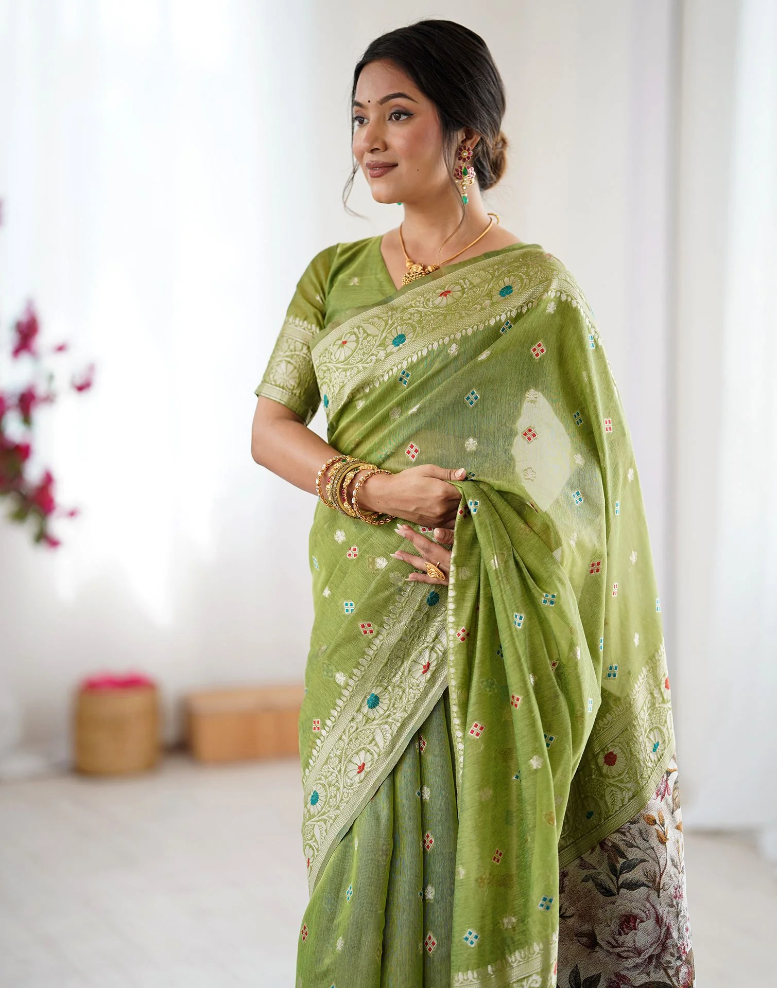 Pista Green Chanderi Cotton Woven Saree - Image 9