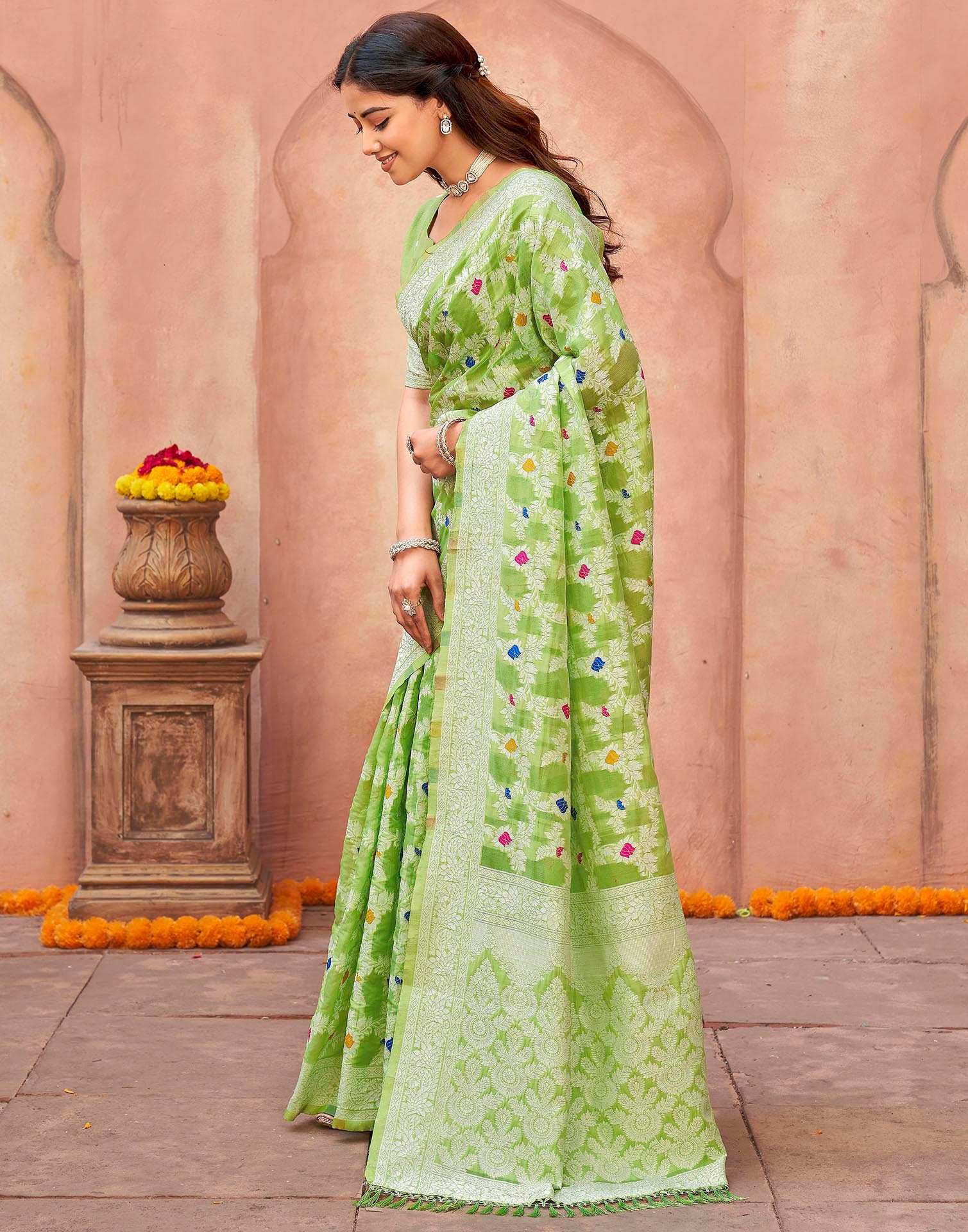 Pista Green Chanderi Woven Saree - Image 2