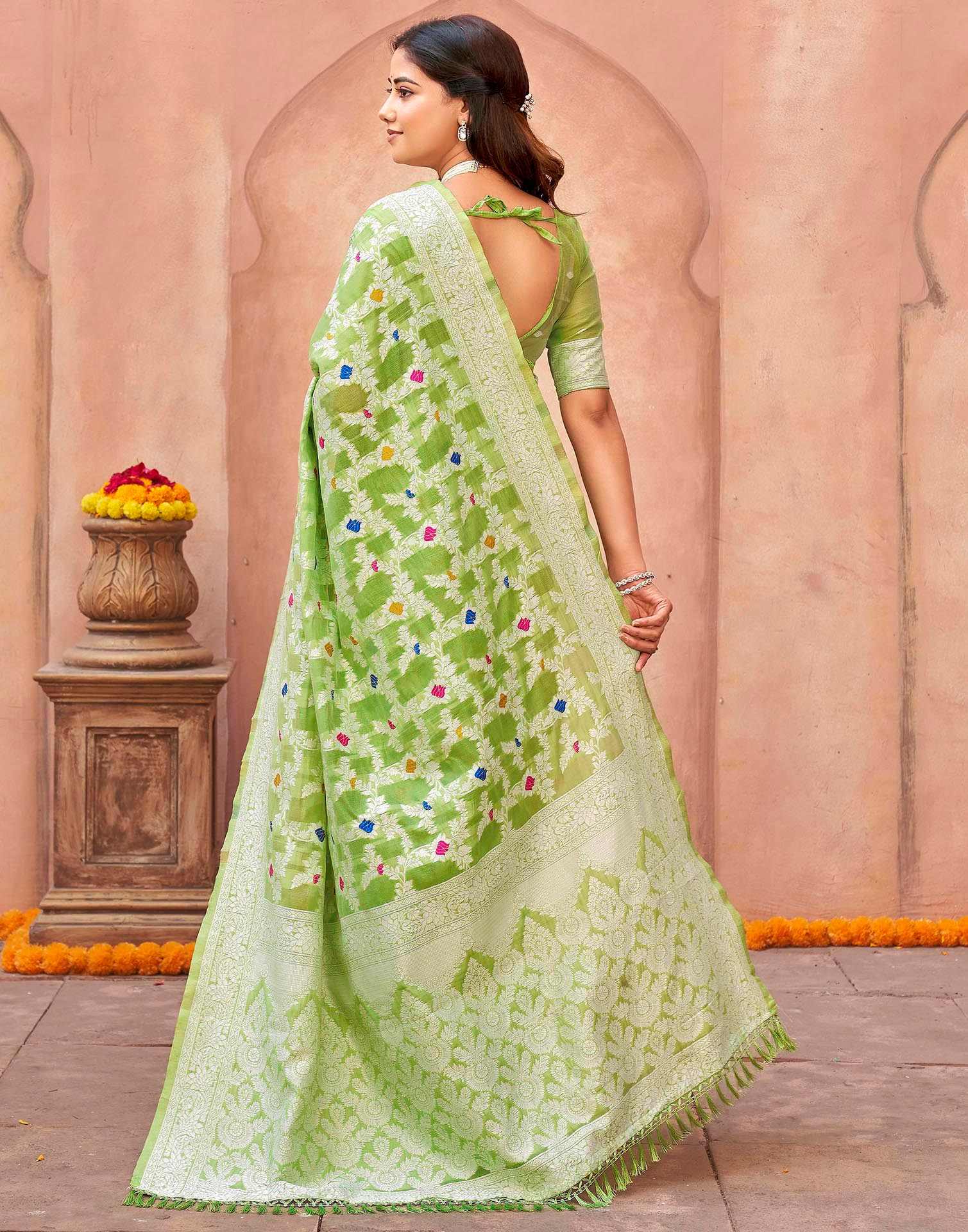 Pista Green Chanderi Woven Saree - Image 5