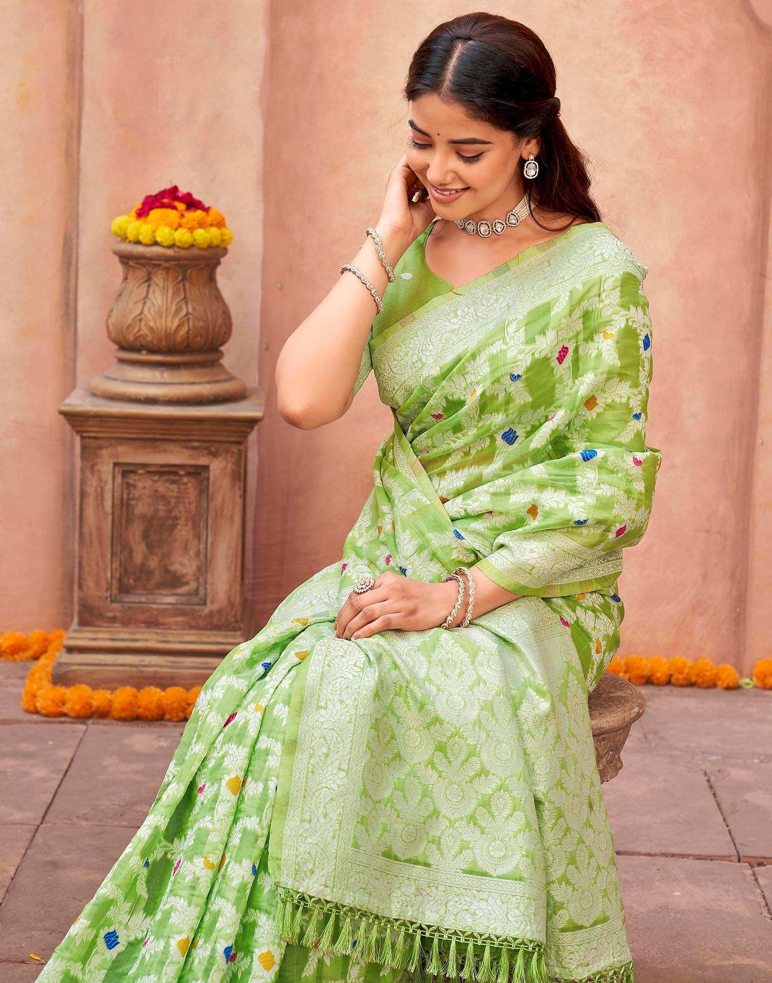 Pista Green Chanderi Woven Saree - Image 6