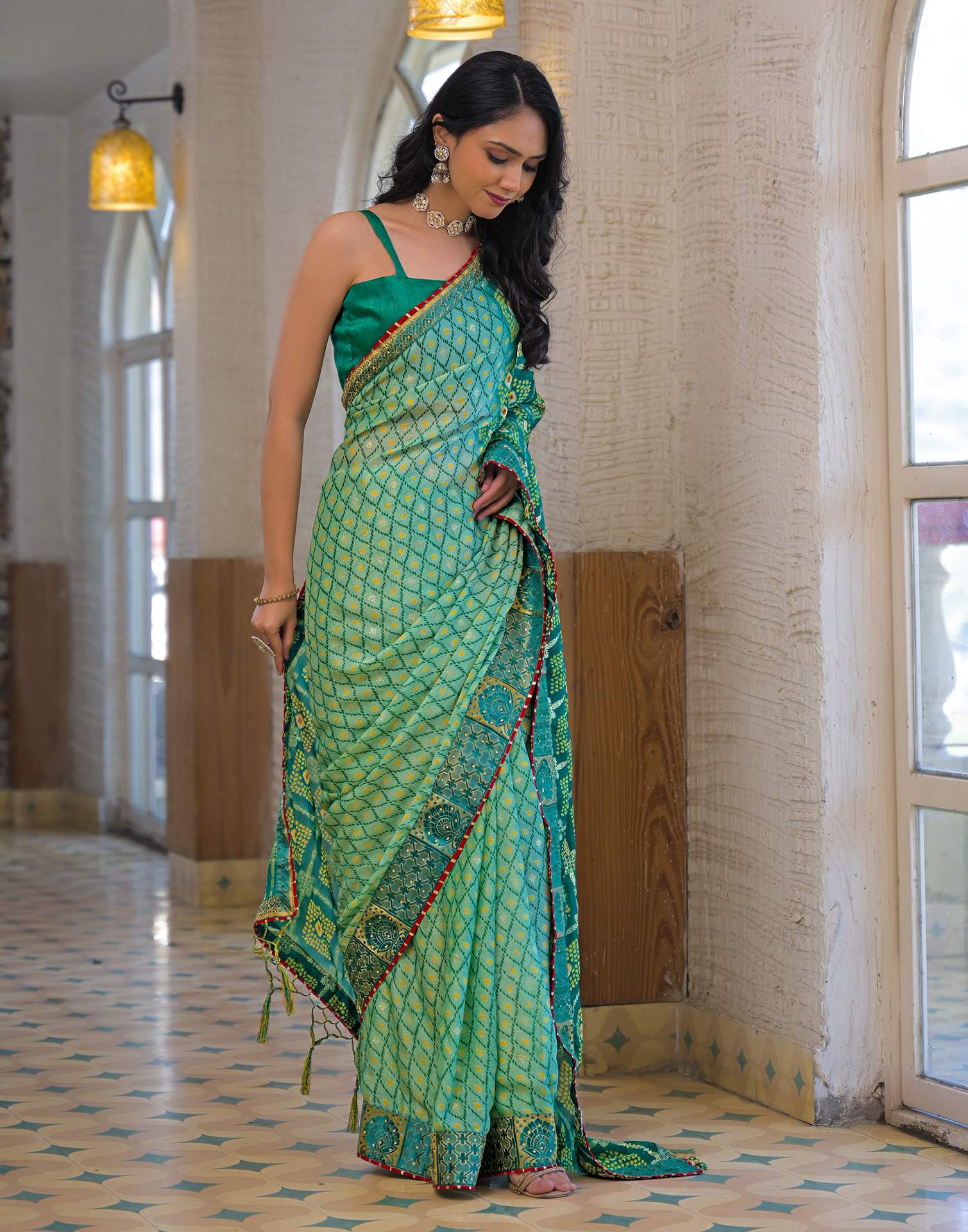 Pista Green Chiffon Foil Printed Bandhani Saree - Image 4