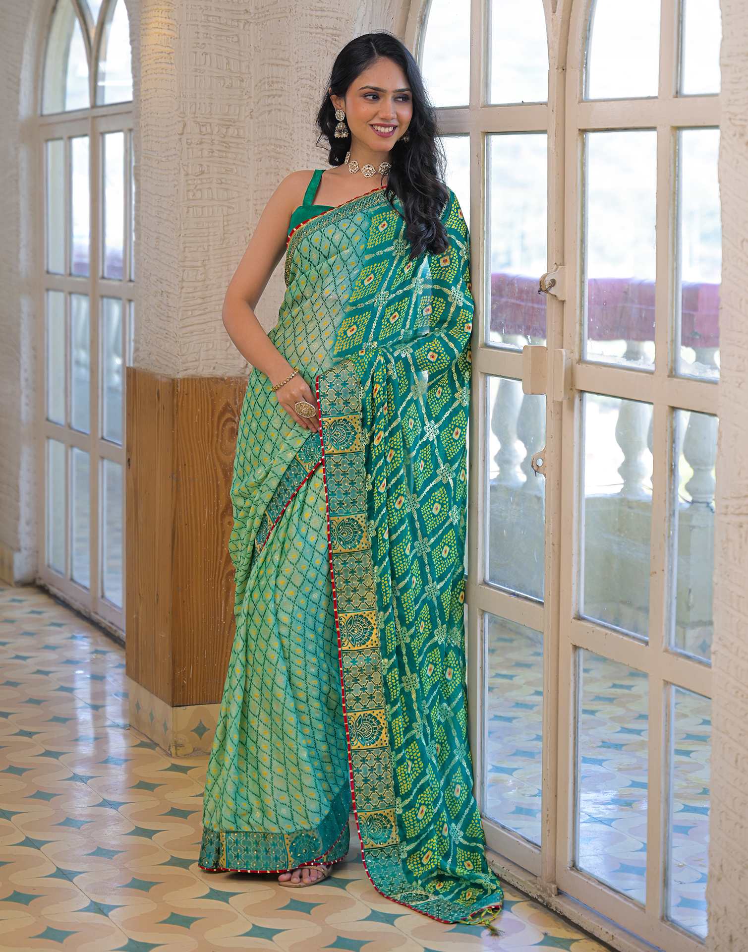Pista Green Chiffon Foil Printed Bandhani Saree - Image 5