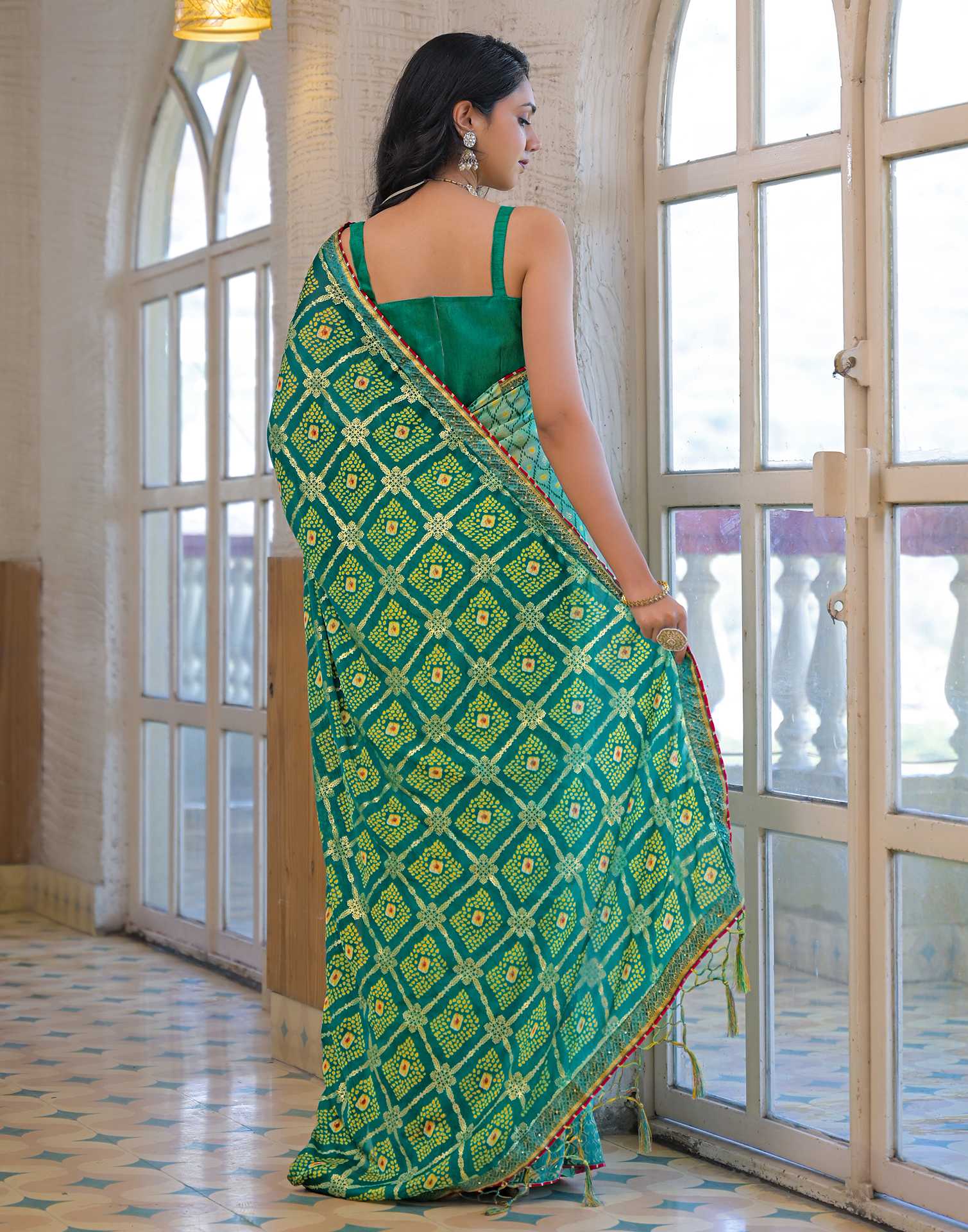 Pista Green Chiffon Foil Printed Bandhani Saree - Image 6