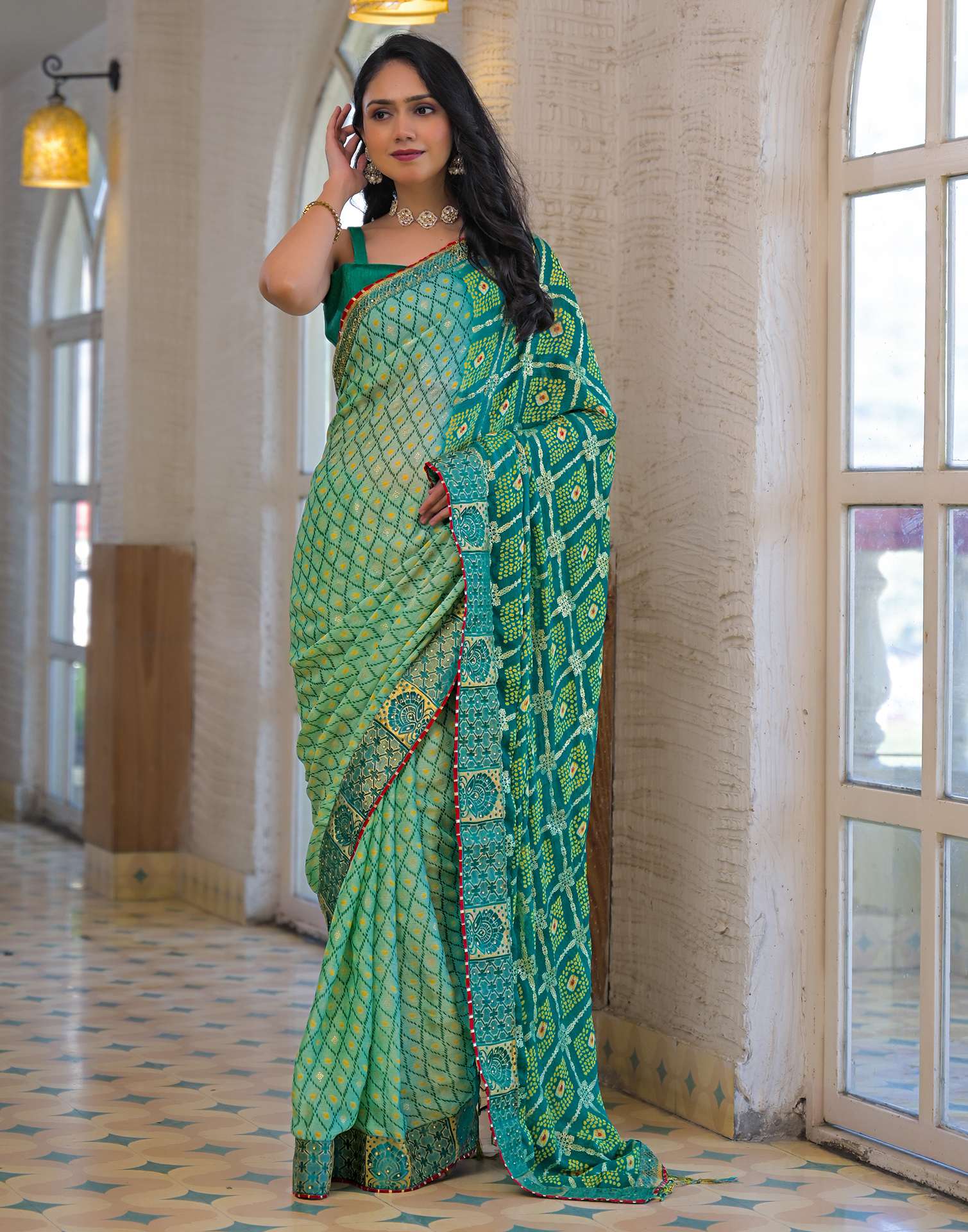 Pista Green Chiffon Foil Printed Bandhani Saree - Image 7