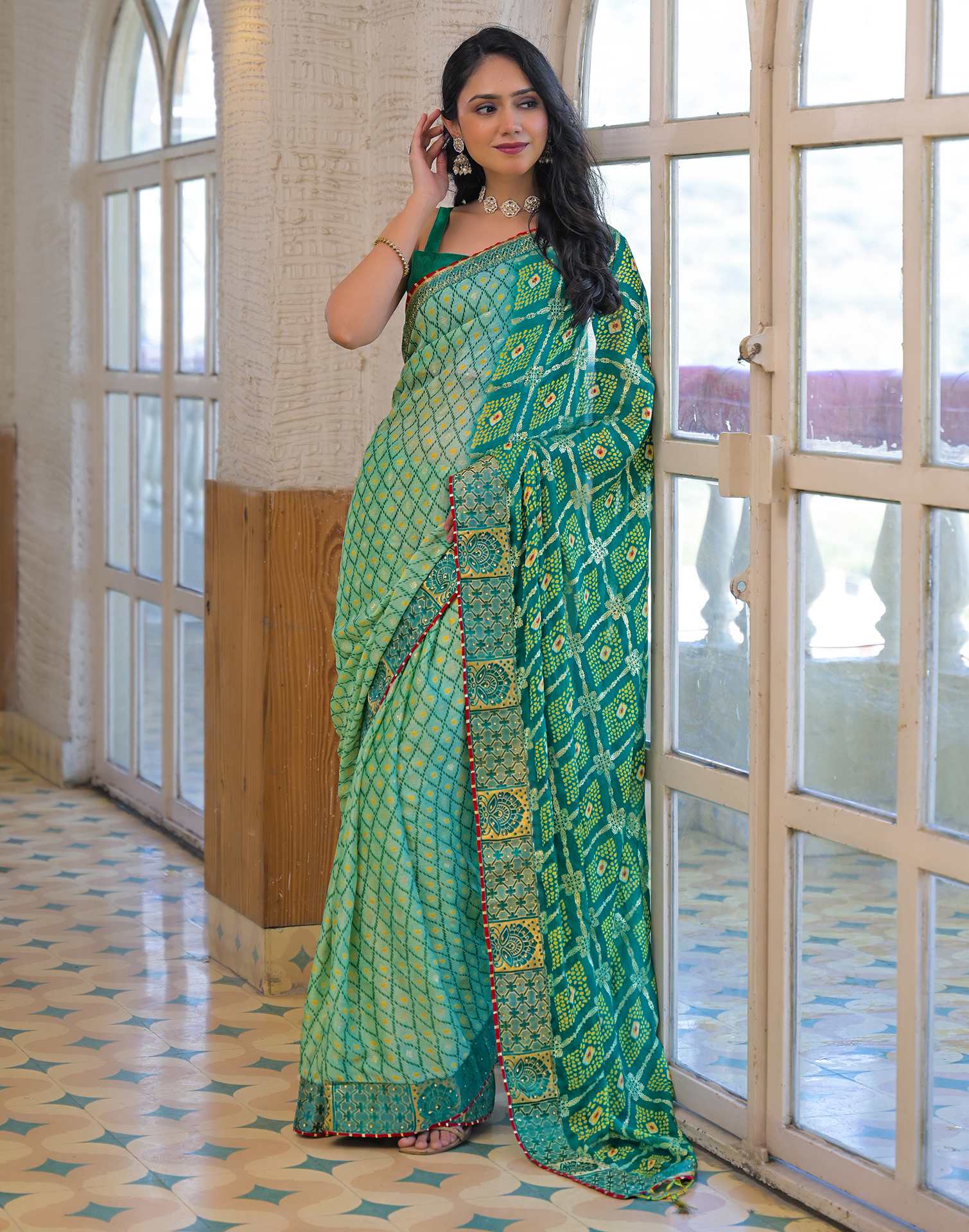 Pista Green Chiffon Foil Printed Bandhani Saree - Image 8