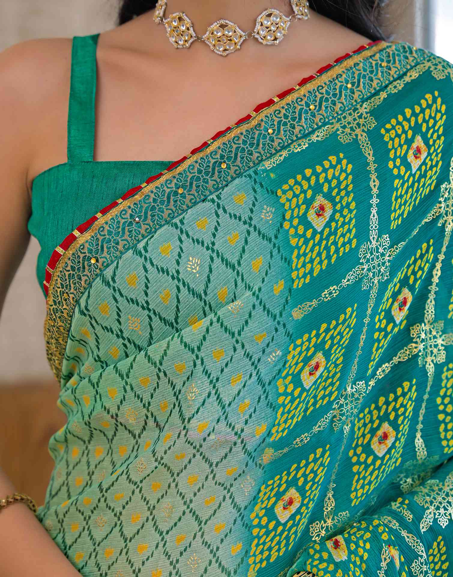 Pista Green Chiffon Foil Printed Bandhani Saree - Image 9