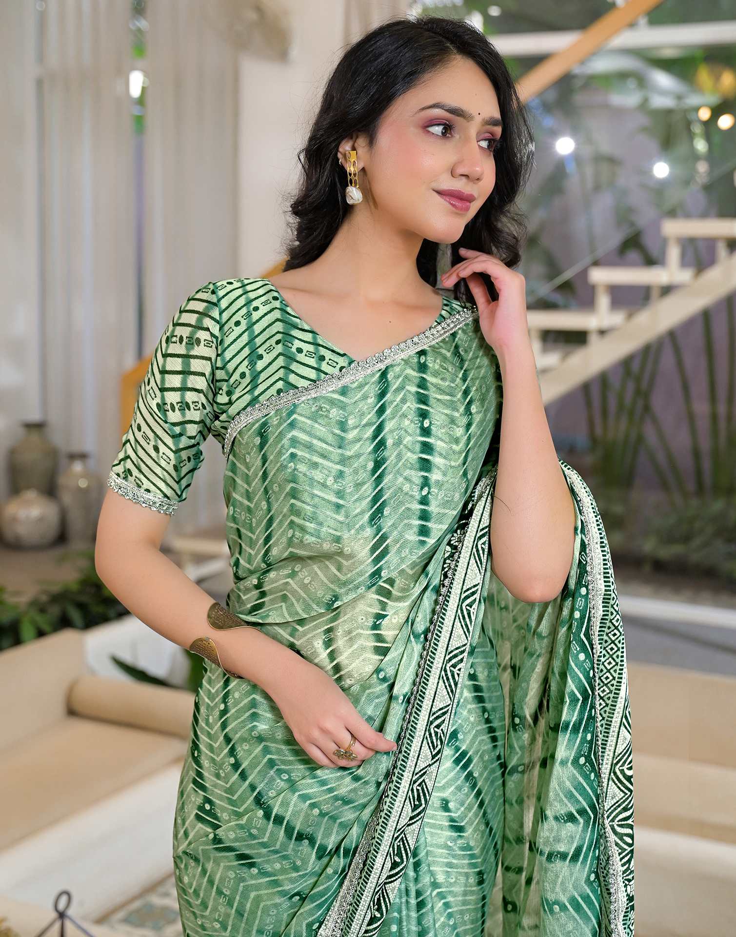 Pista Green Chiffon Printed Lace Saree - Image 2