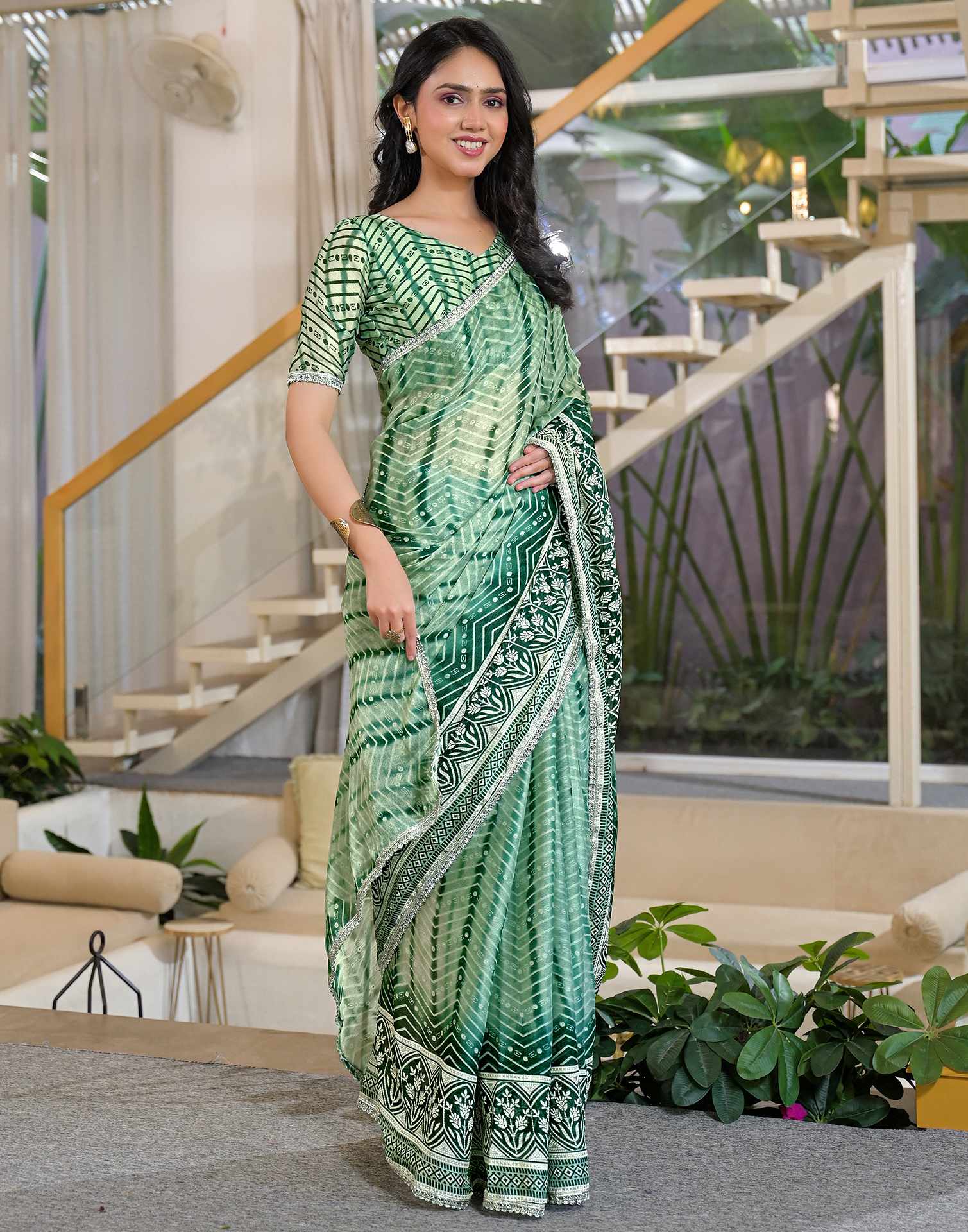 Pista Green Chiffon Printed Lace Saree - Image 5