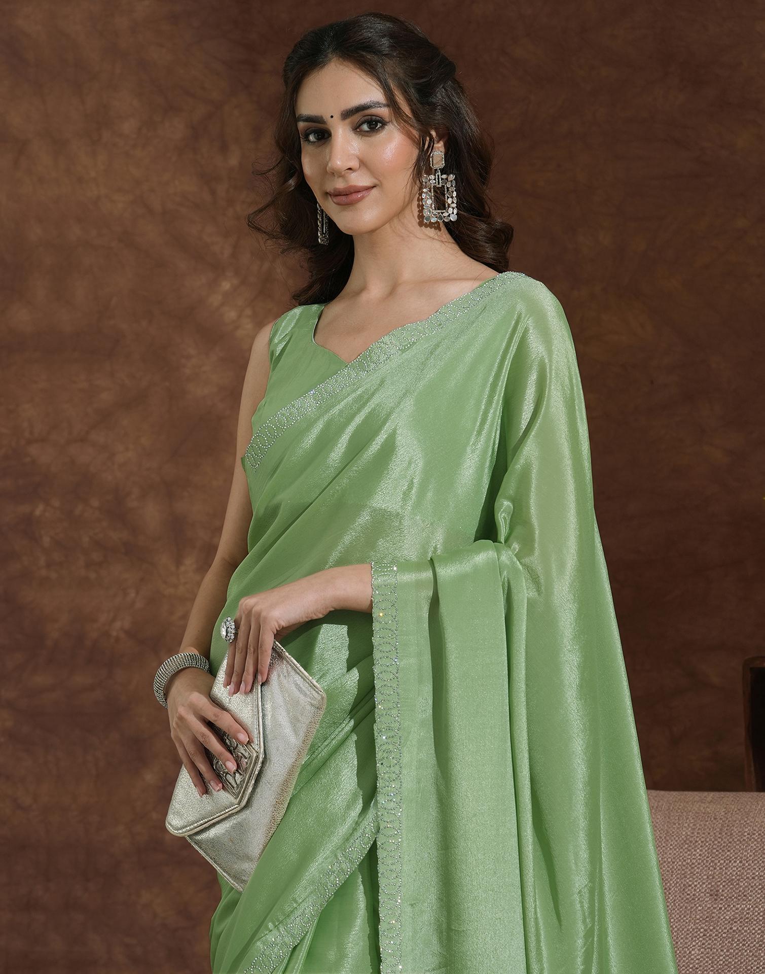 Pista Green Chiffon Stone Work Embellished Saree - Image 2