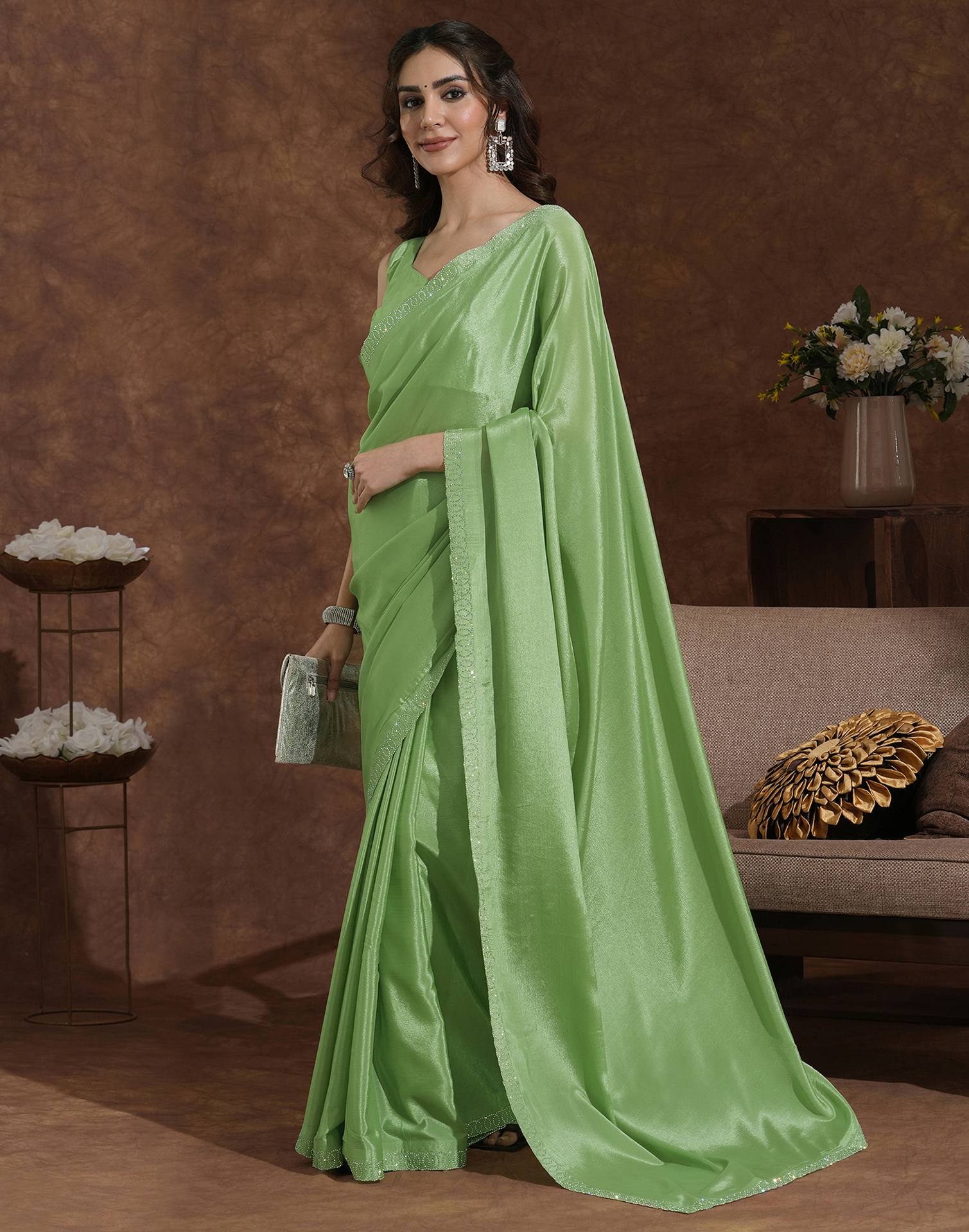 Pista Green Chiffon Stone Work Embellished Saree - Image 4