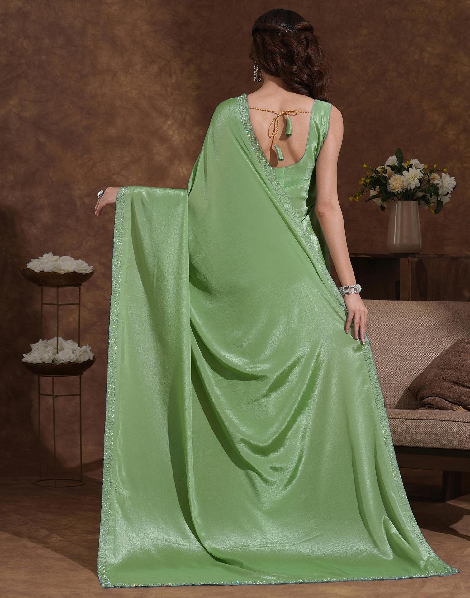 Pista Green Chiffon Stone Work Embellished Saree - Image 6