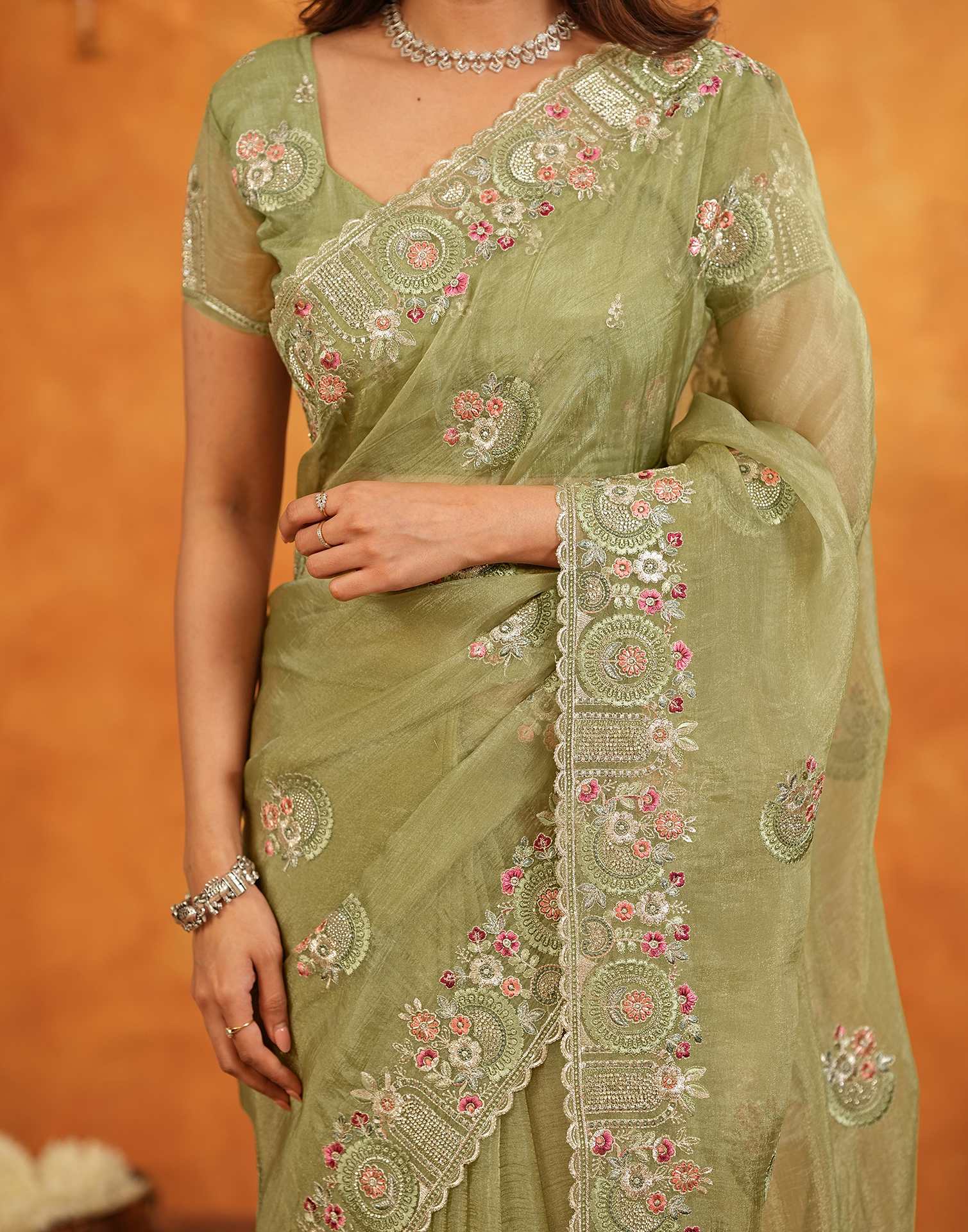 Pista Green Crush Tissue Stone Work Embroidery Saree - Image 11