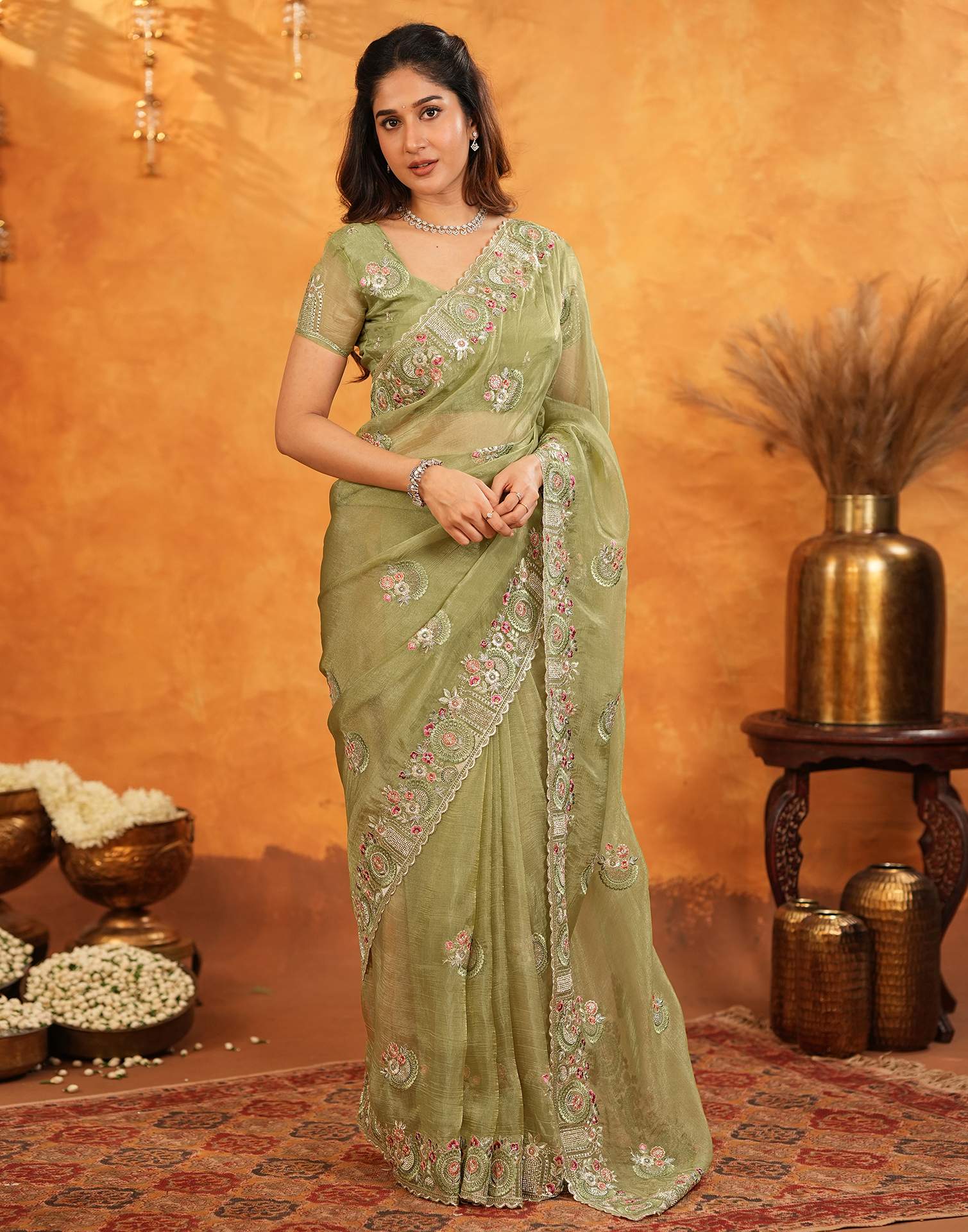 Pista Green Crush Tissue Stone Work Embroidery Saree - Image 4