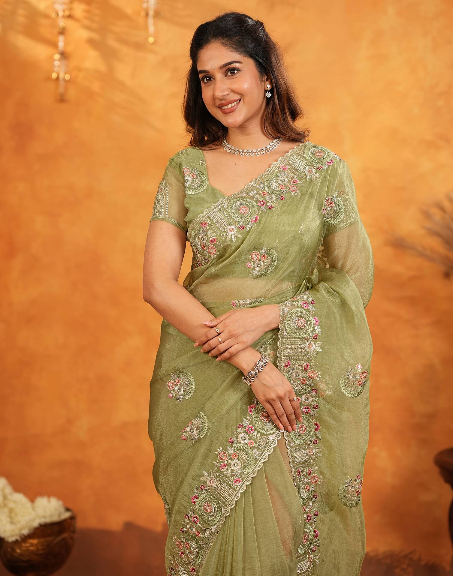 Pista Green Crush Tissue Stone Work Embroidery Saree - Image 8