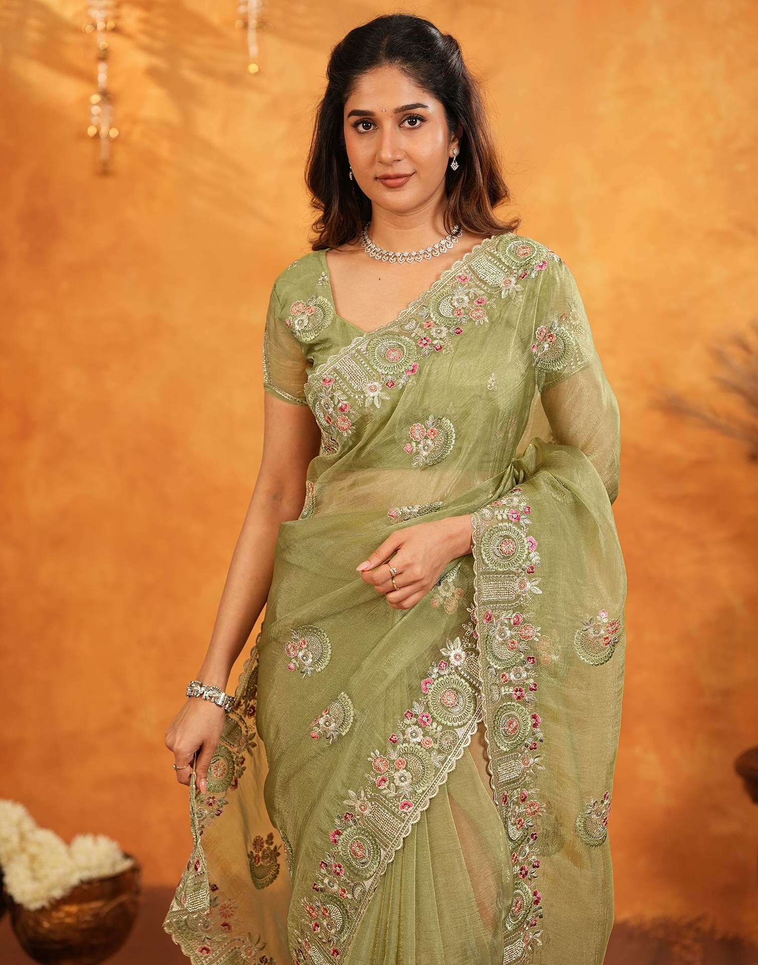 Pista Green Crush Tissue Stone Work Embroidery Saree - Image 9