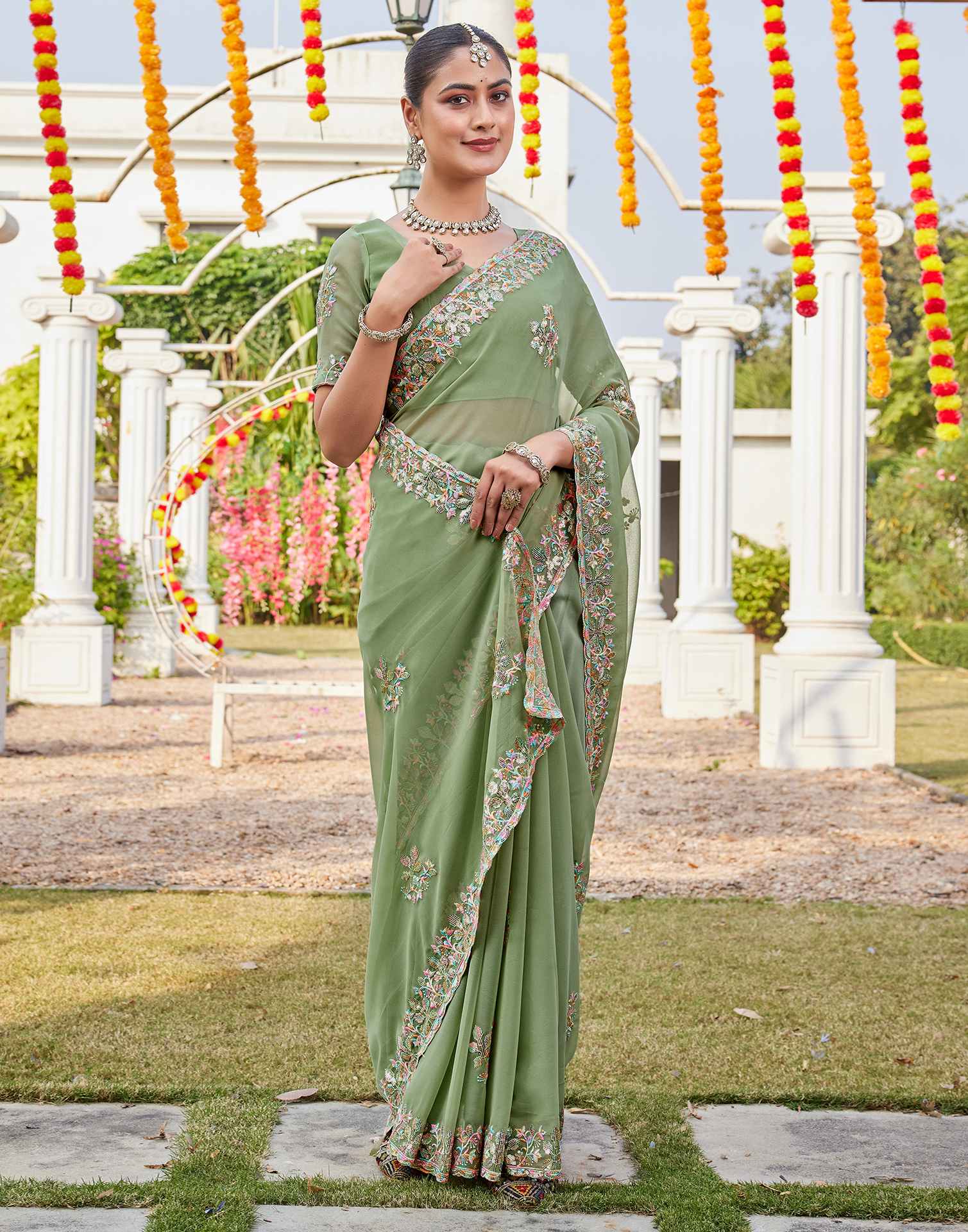 Pista Green Georgette Sequence Embroidery Saree - Image 6