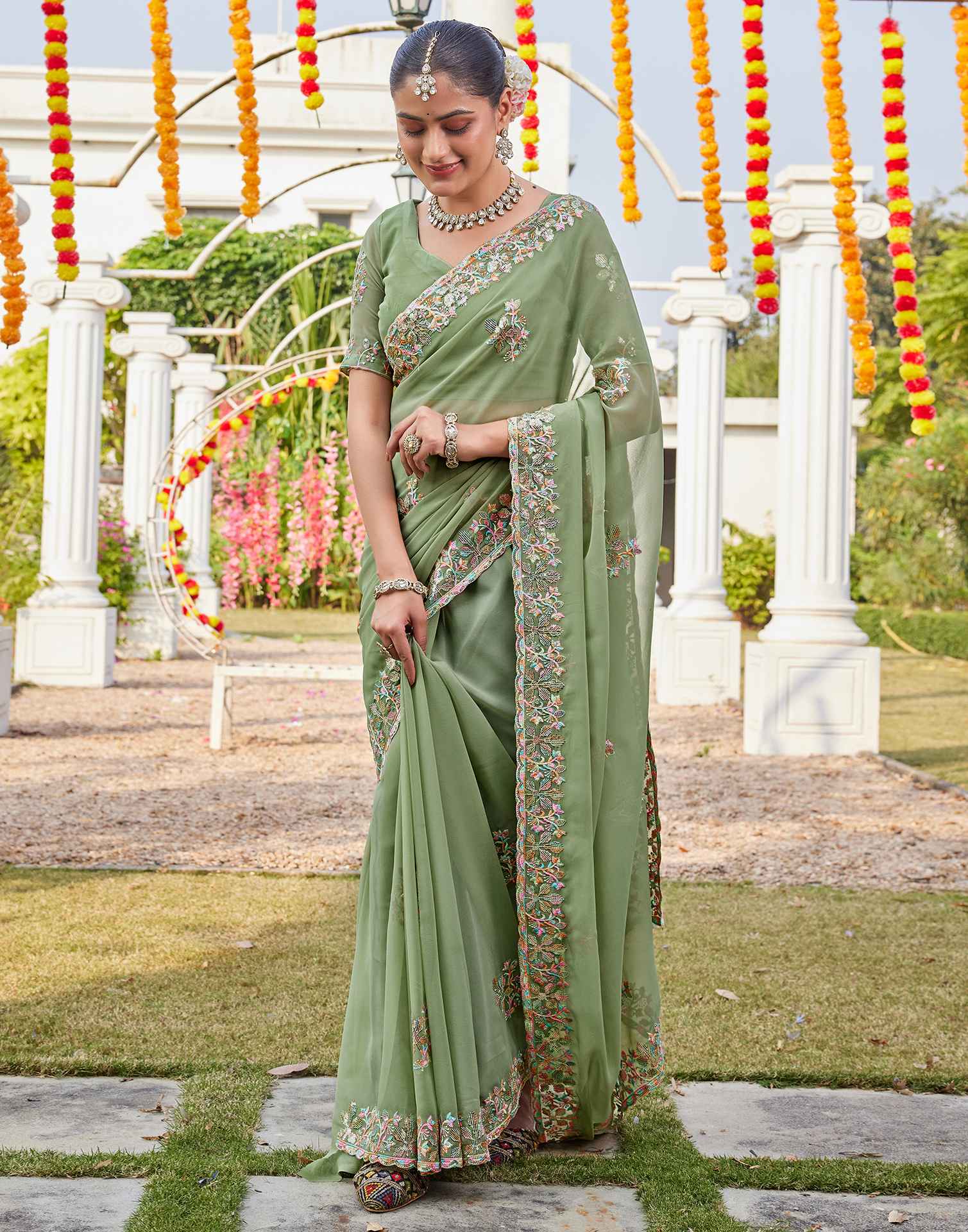 Pista Green Georgette Sequence Embroidery Saree - Image 8