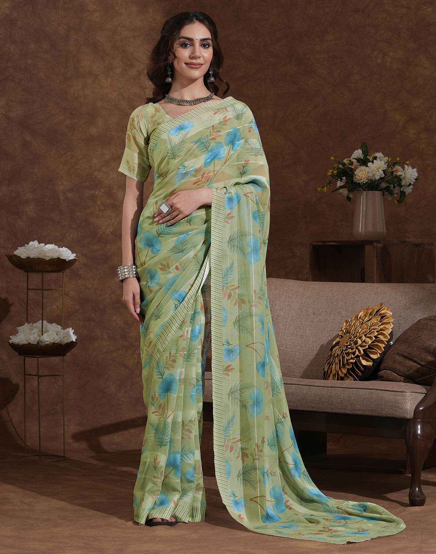 Pista Green Georgette Woven Printed Saree