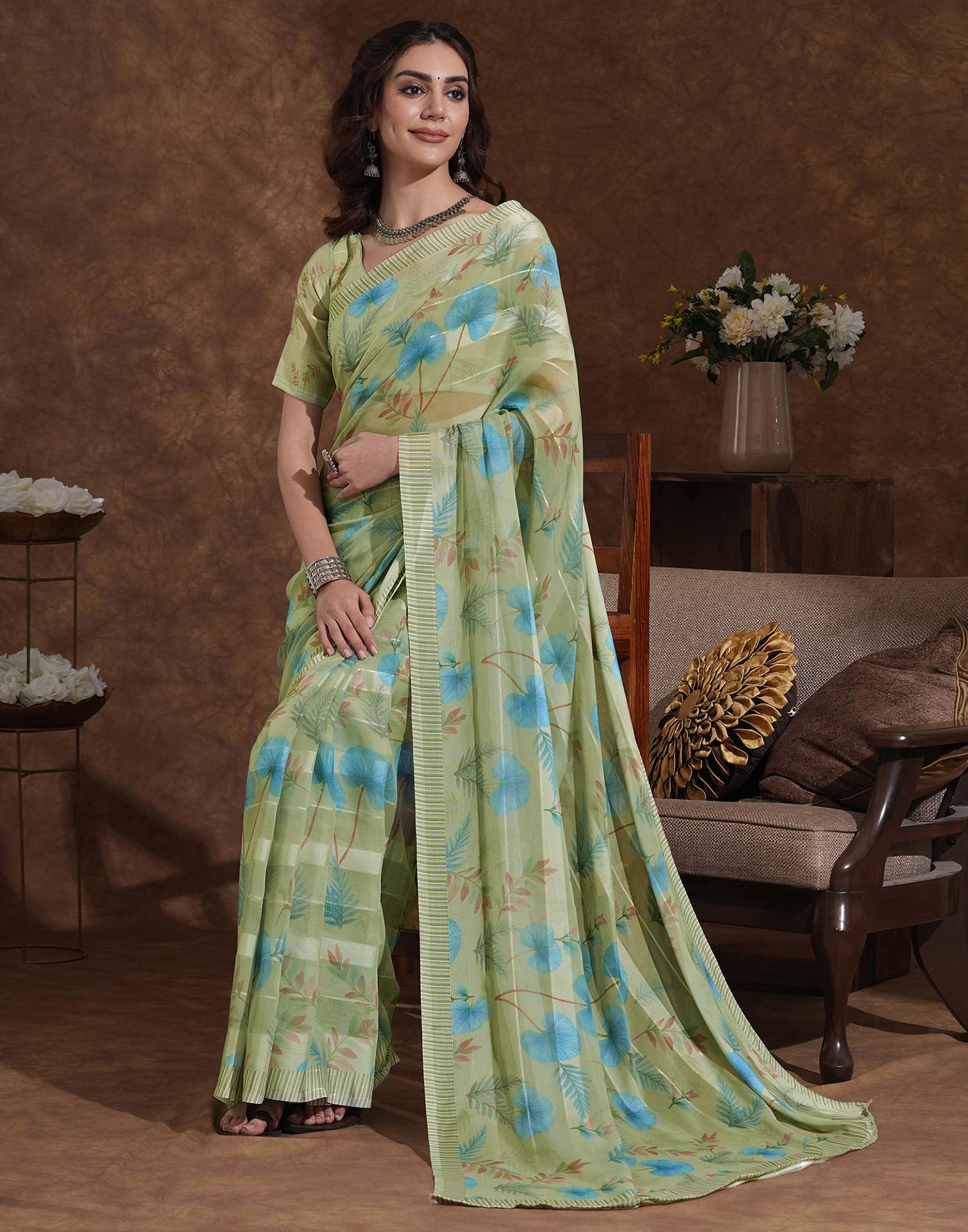 Pista Green Georgette Woven Printed Saree - Image 5