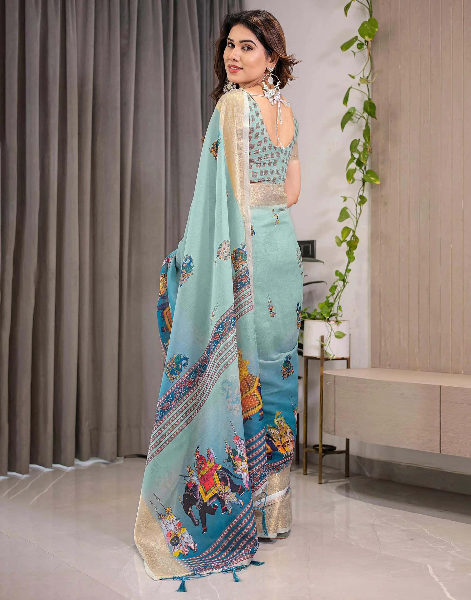 Pista Green Linen Printed Saree - Image 10