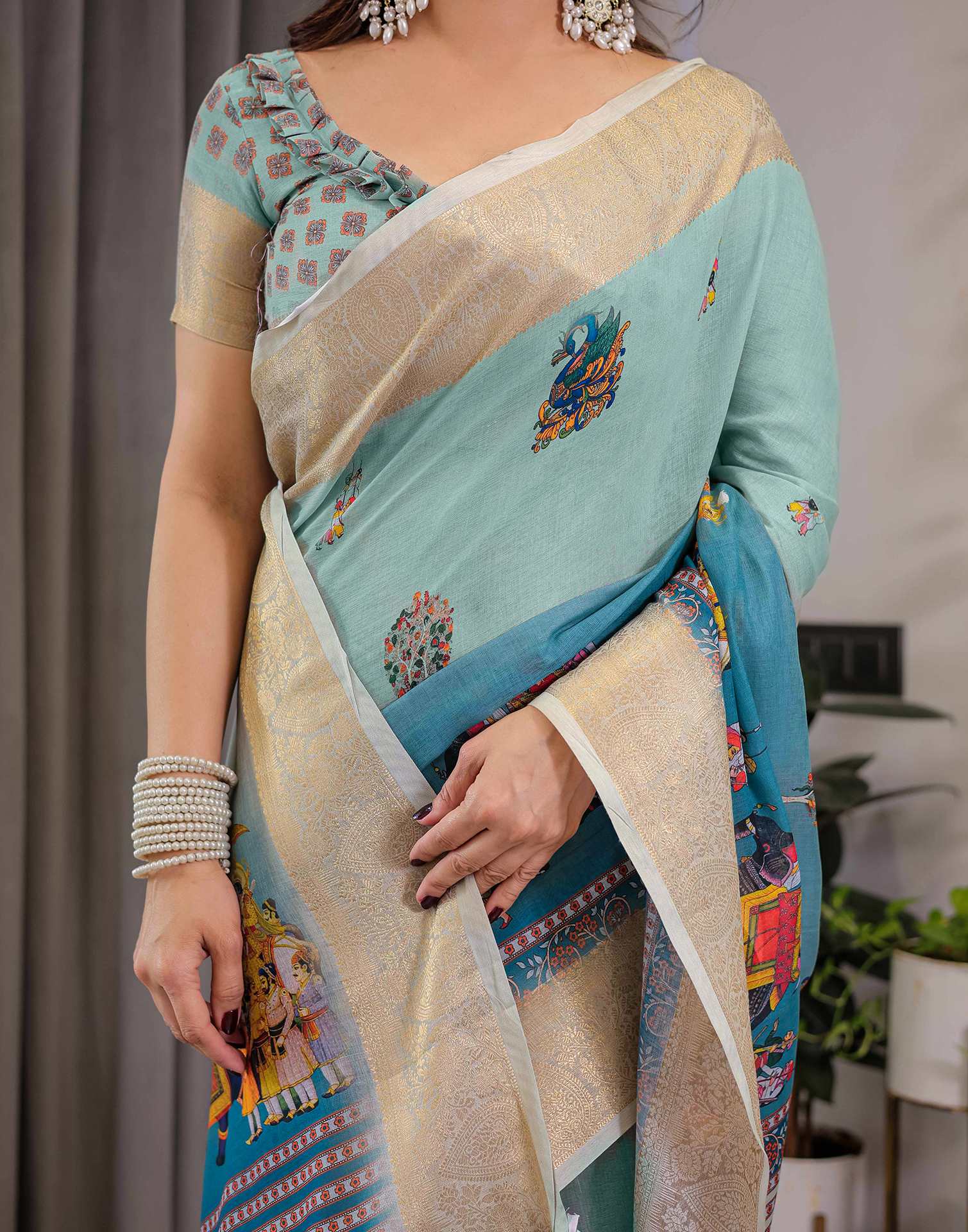 Pista Green Linen Printed Saree - Image 14