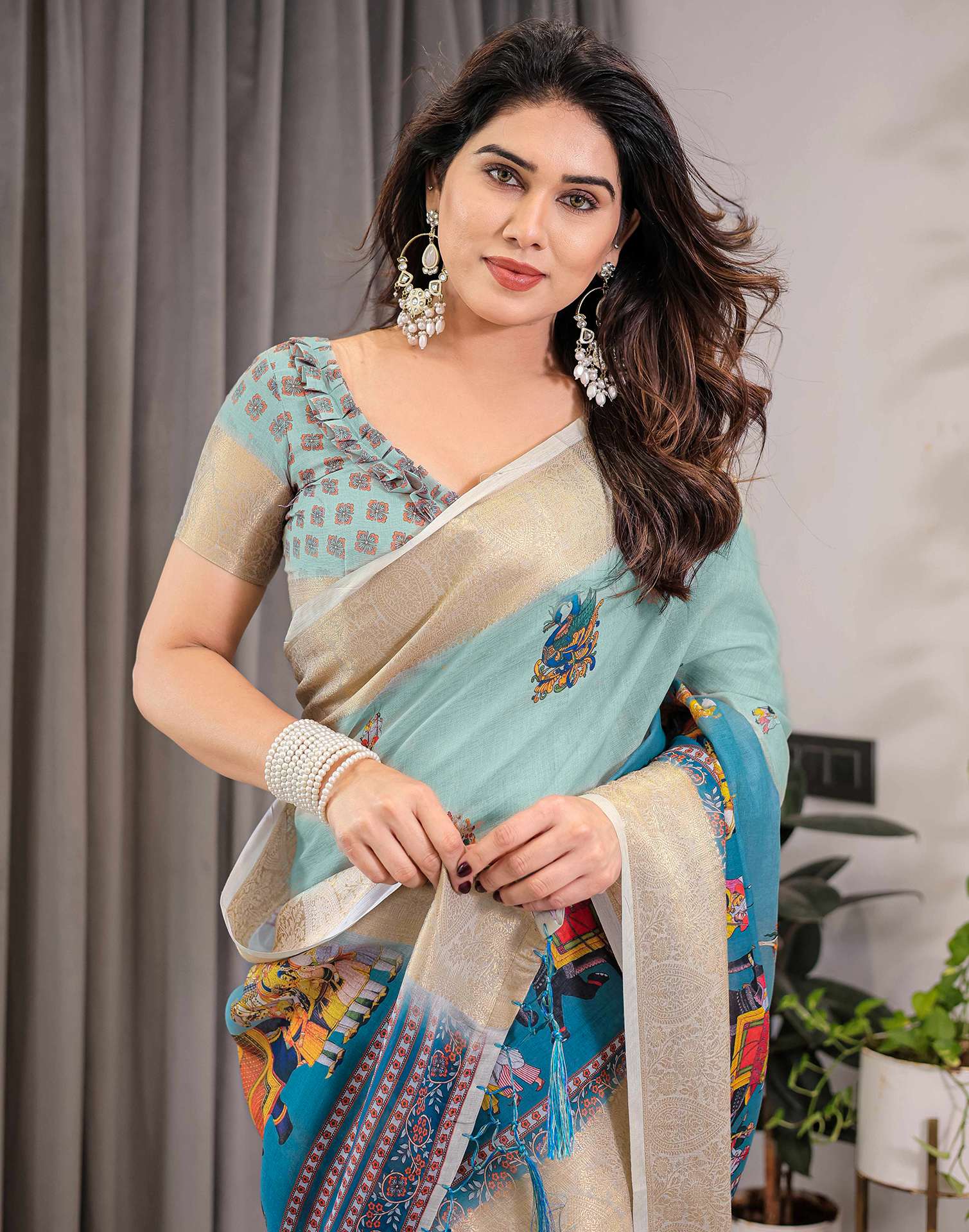 Pista Green Linen Printed Saree - Image 8