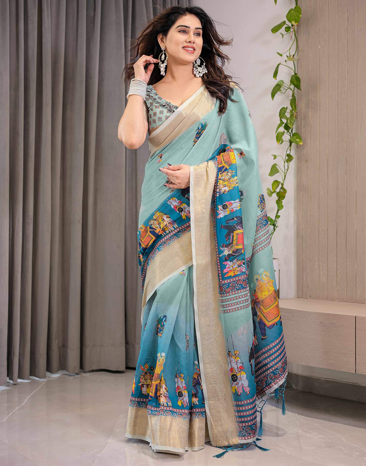 Pista Green Linen Printed Saree - Image 9