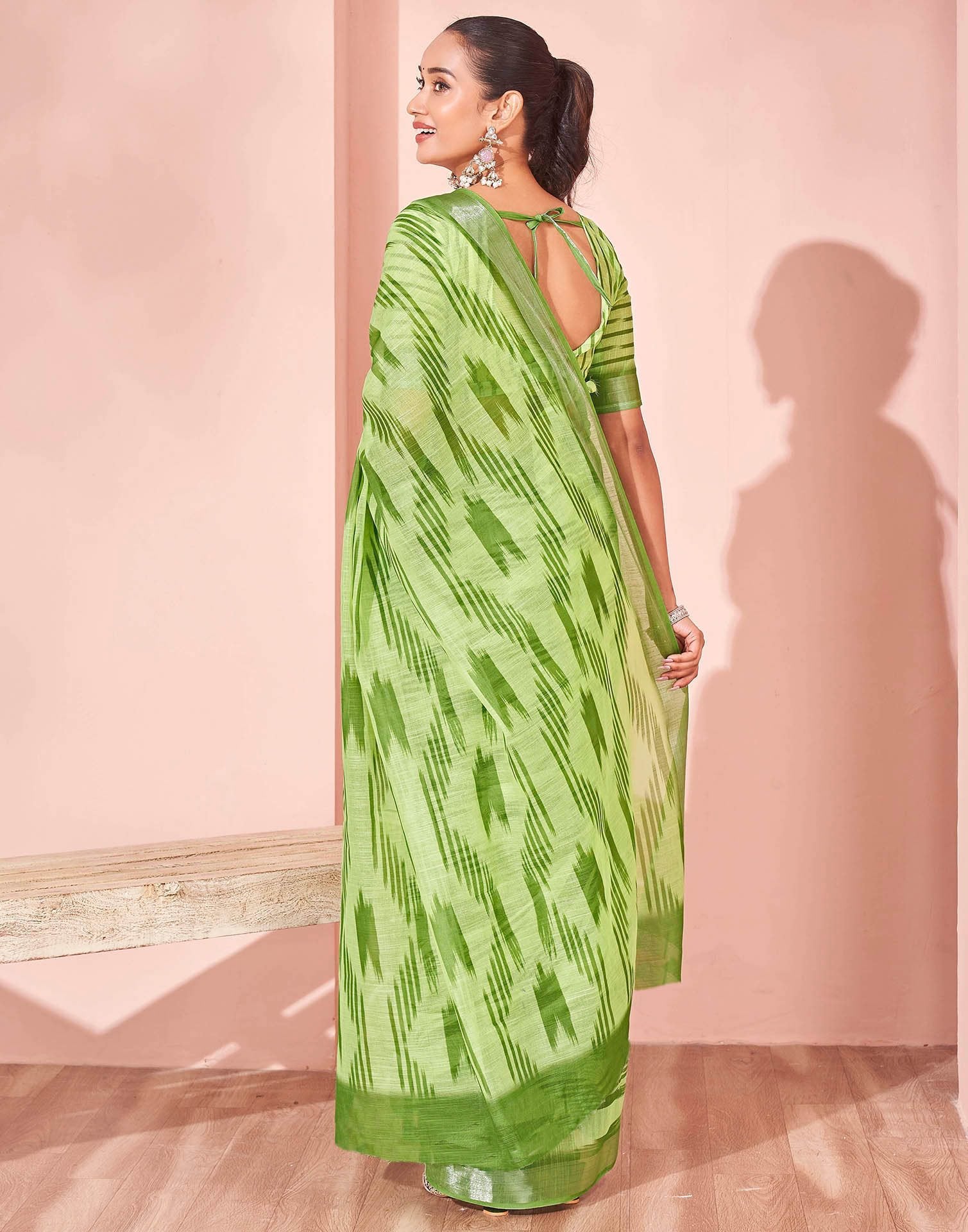 Pista Green Linen Printed Saree - Image 6