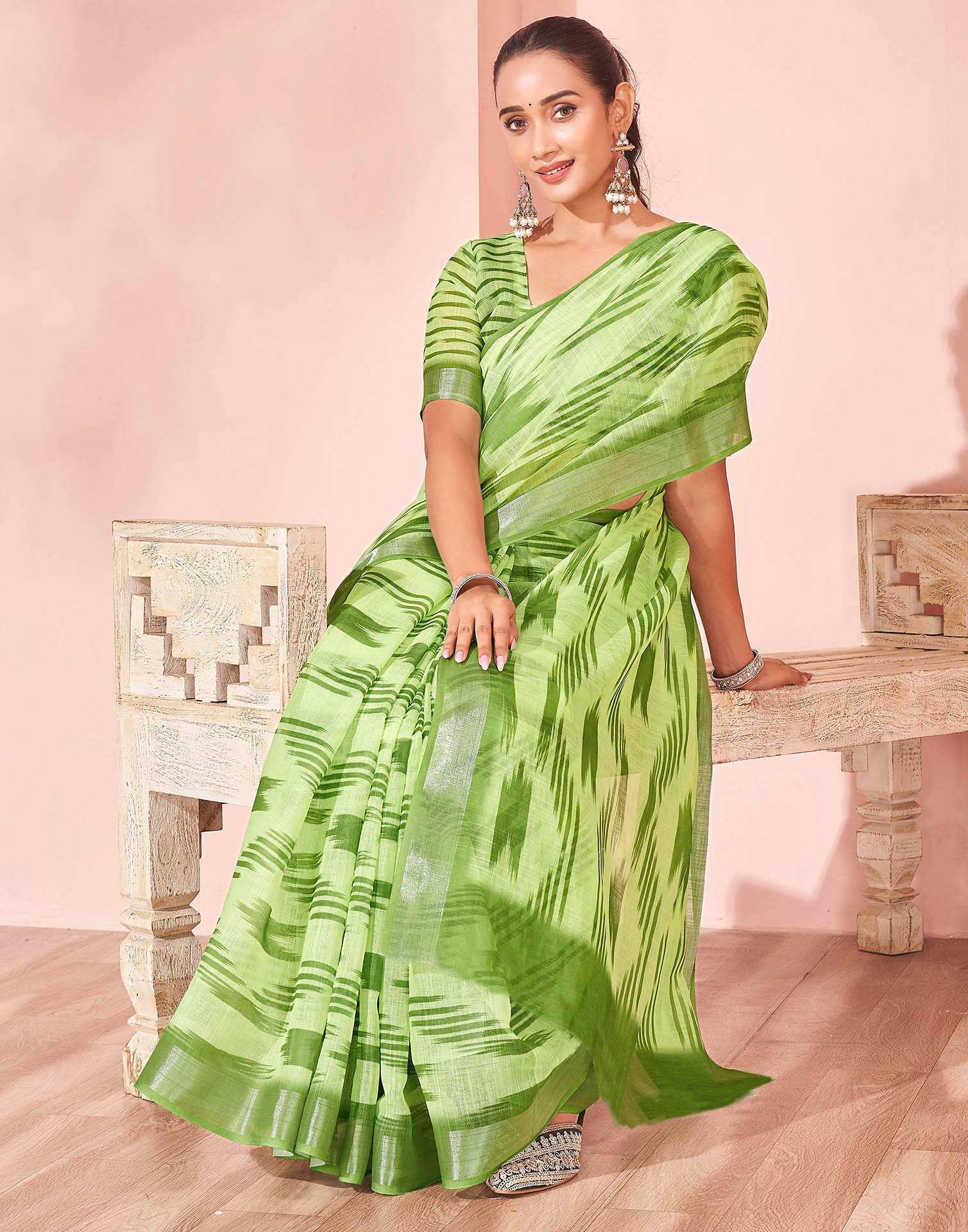 Pista Green Linen Printed Saree - Image 7