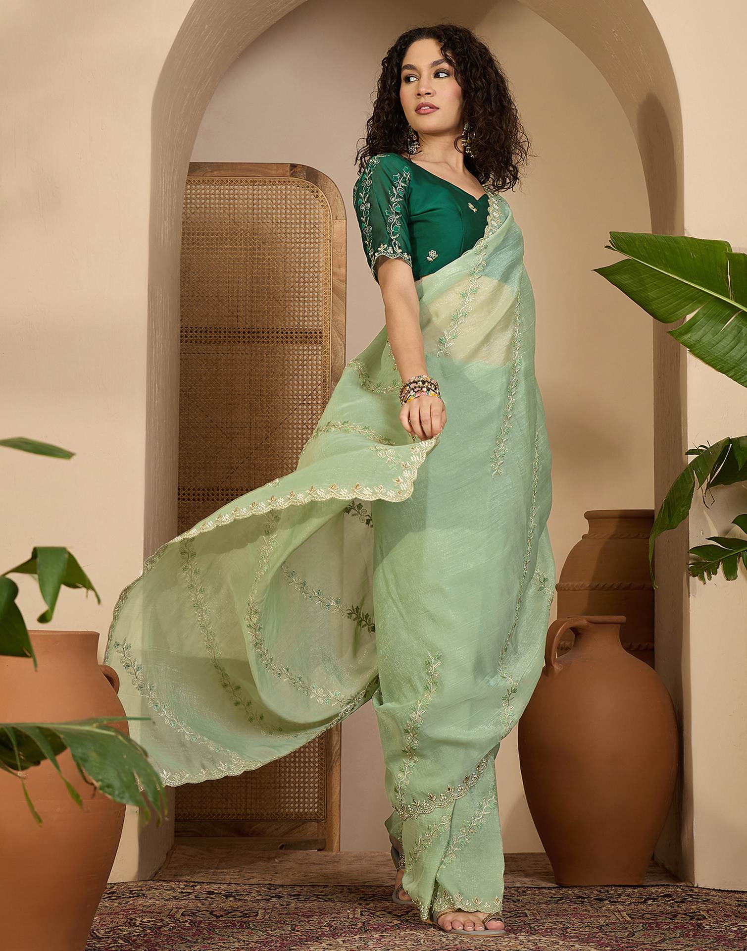 Pista Green Shimmer Chiffon Sequence Embroidery saree - Image 5