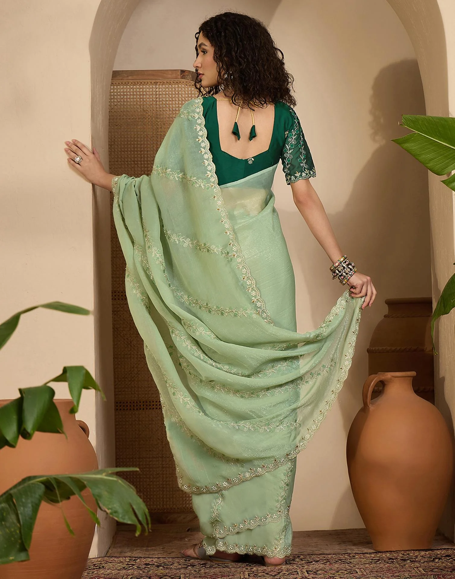 Pista Green Shimmer Chiffon Sequence Embroidery saree - Image 6