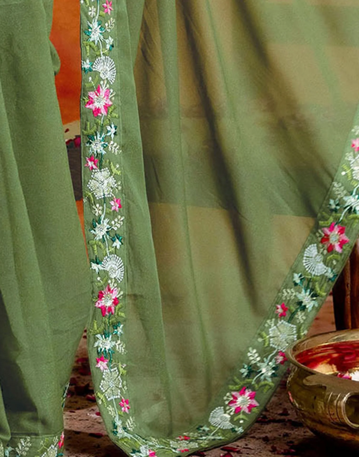 Pista Green Shimmer Embroidery lace Saree - Image 10