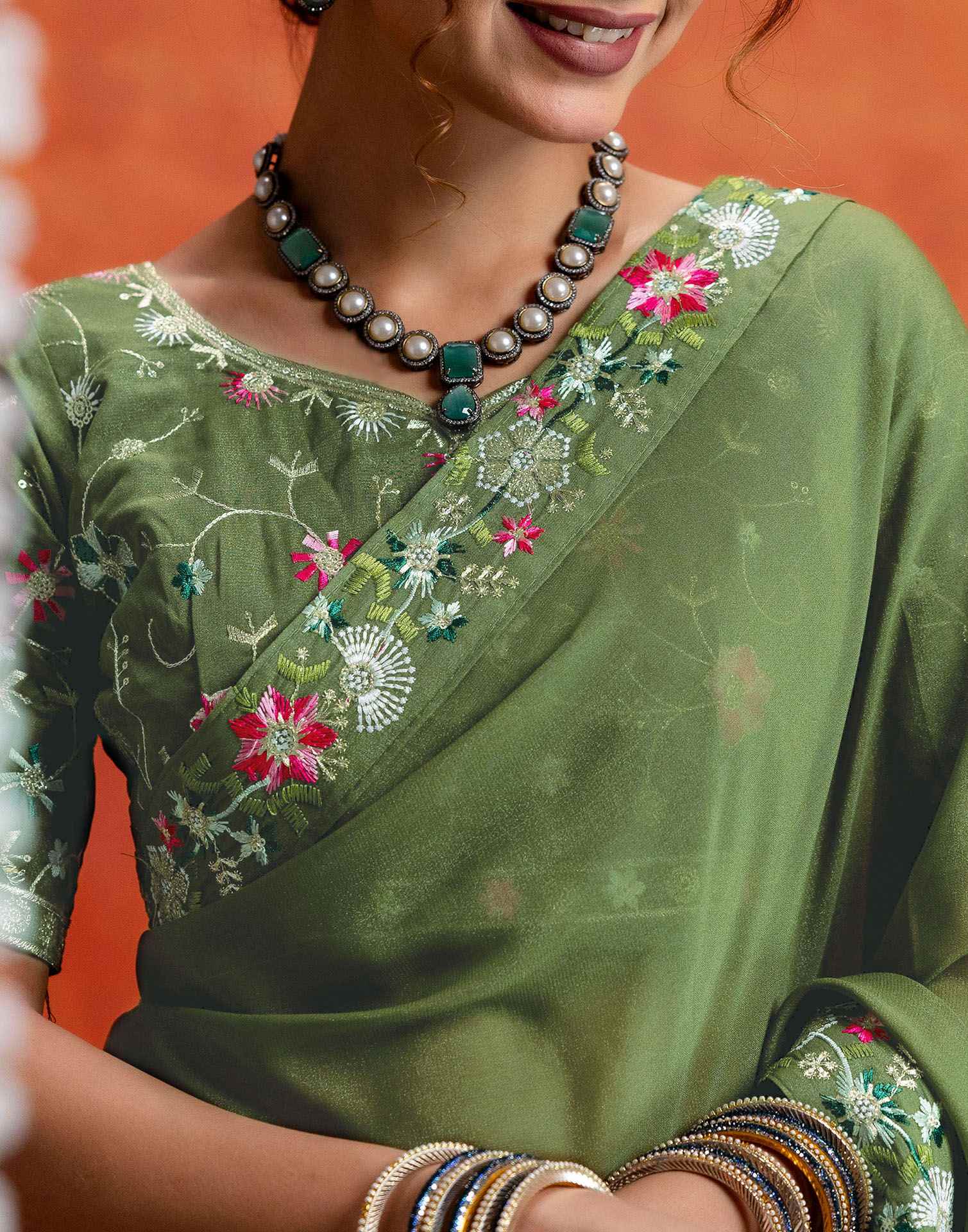 Pista Green Shimmer Embroidery lace Saree - Image 11