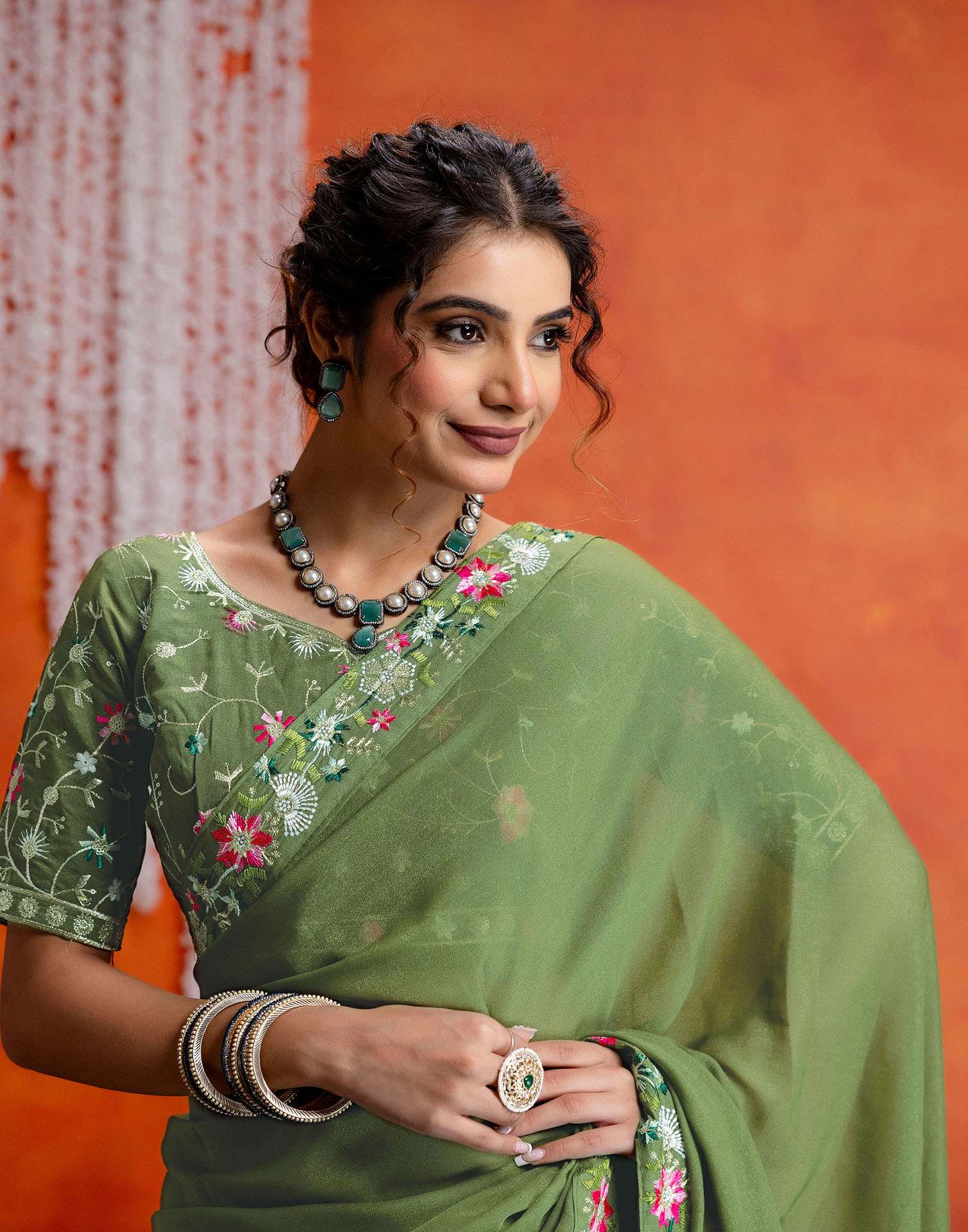 Pista Green Shimmer Embroidery lace Saree - Image 4