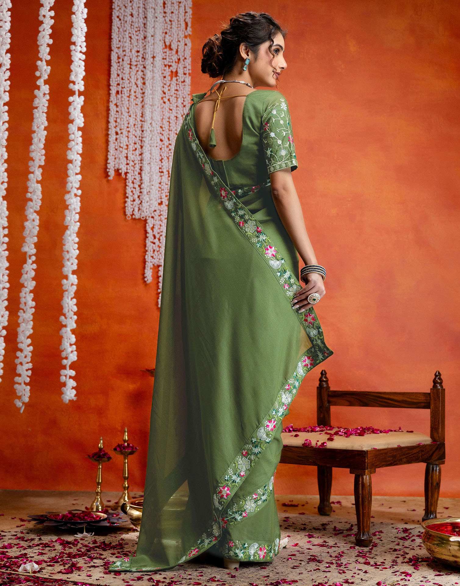 Pista Green Shimmer Embroidery lace Saree - Image 7