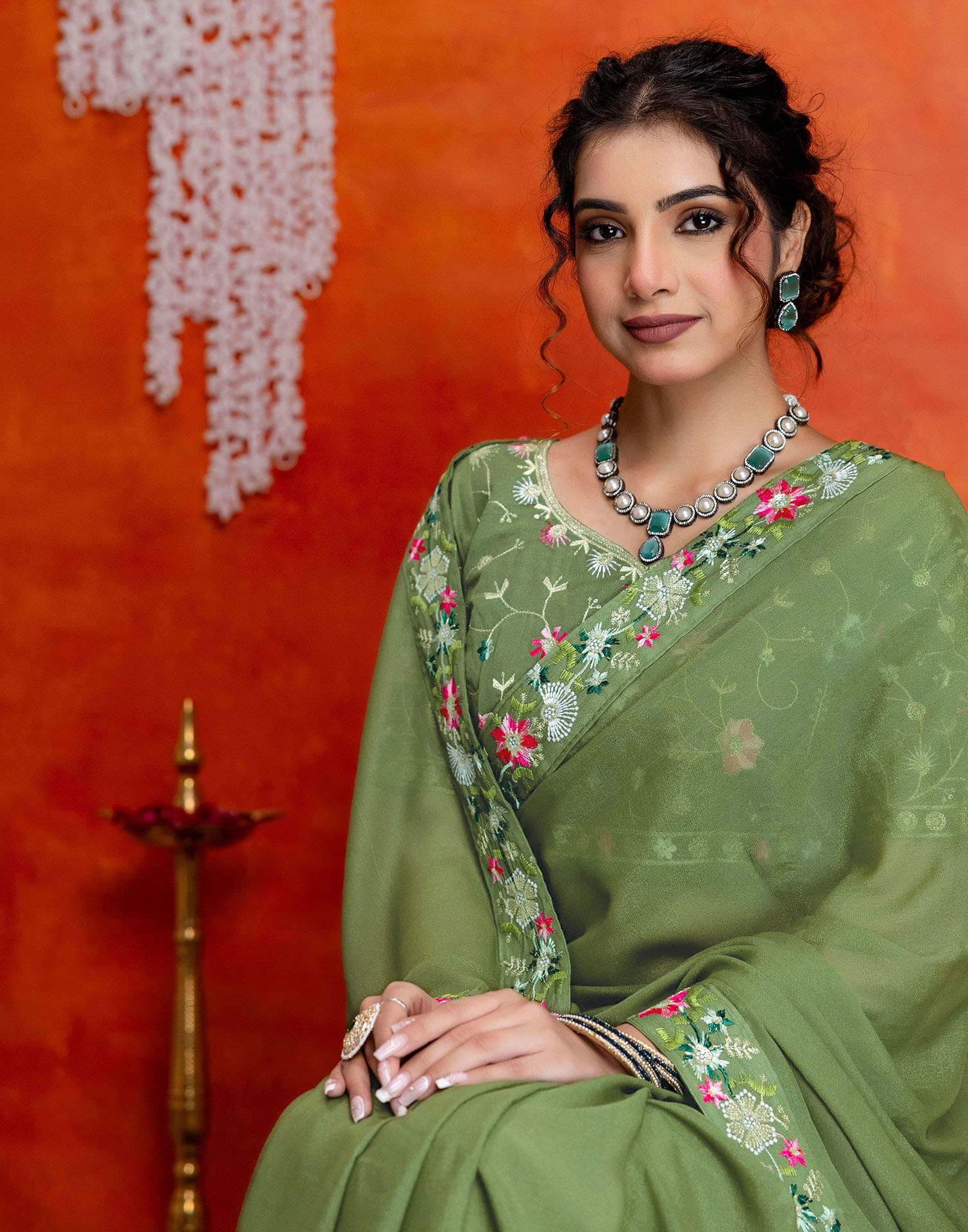 Pista Green Shimmer Embroidery lace Saree - Image 9