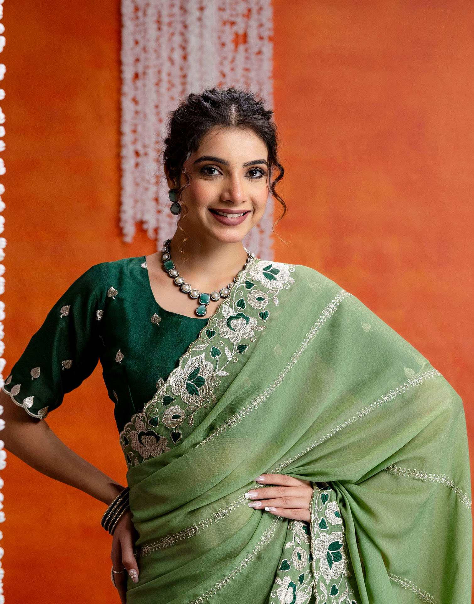Pista Green Shimmer Embroidery Saree - Image 4