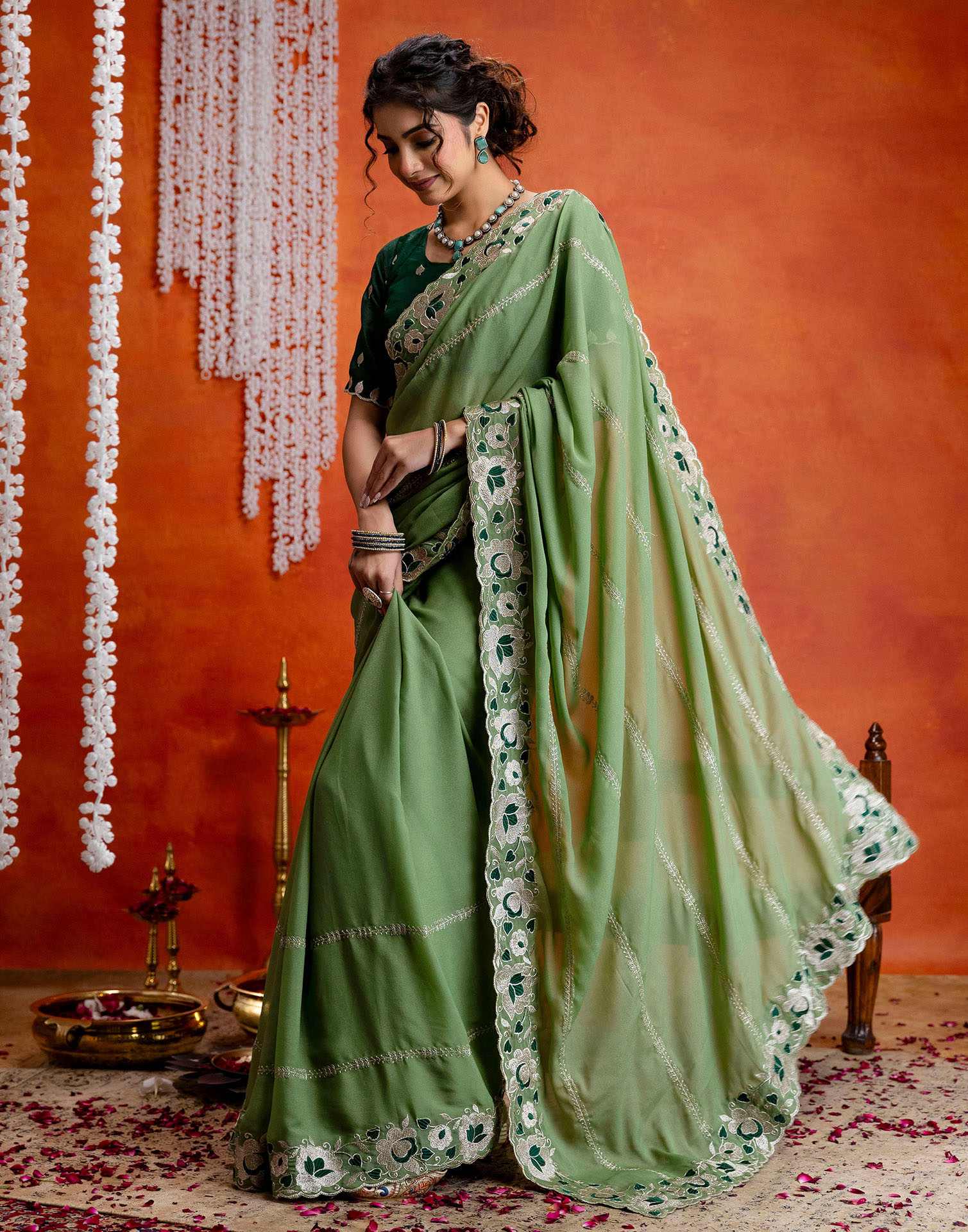 Pista Green Shimmer Embroidery Saree - Image 5