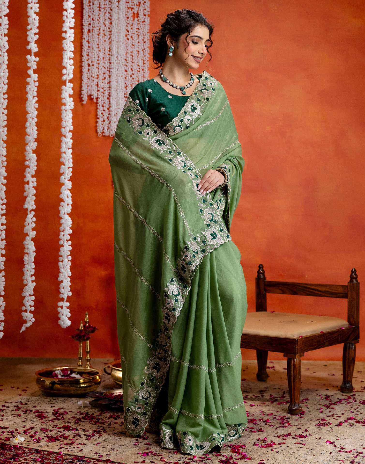 Pista Green Shimmer Embroidery Saree - Image 6