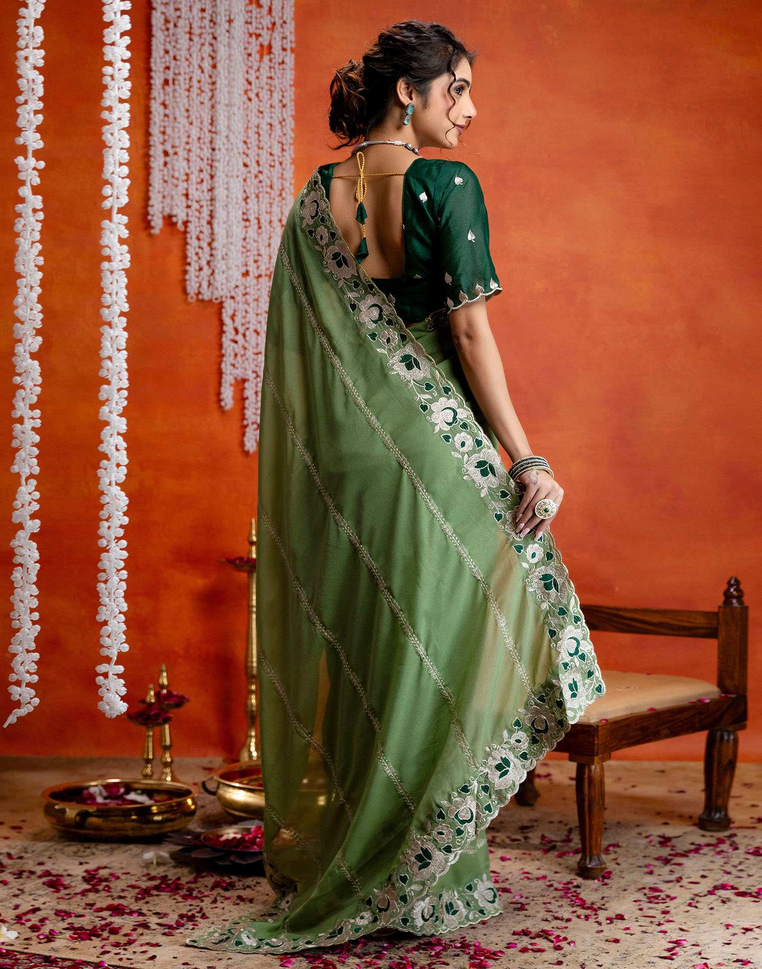 Pista Green Shimmer Embroidery Saree - Image 7
