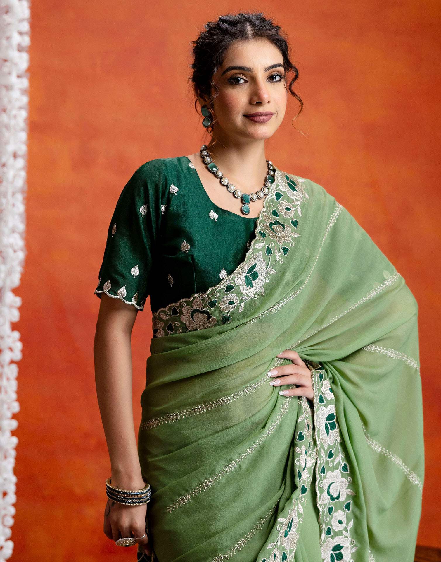 Pista Green Shimmer Embroidery Saree - Image 8