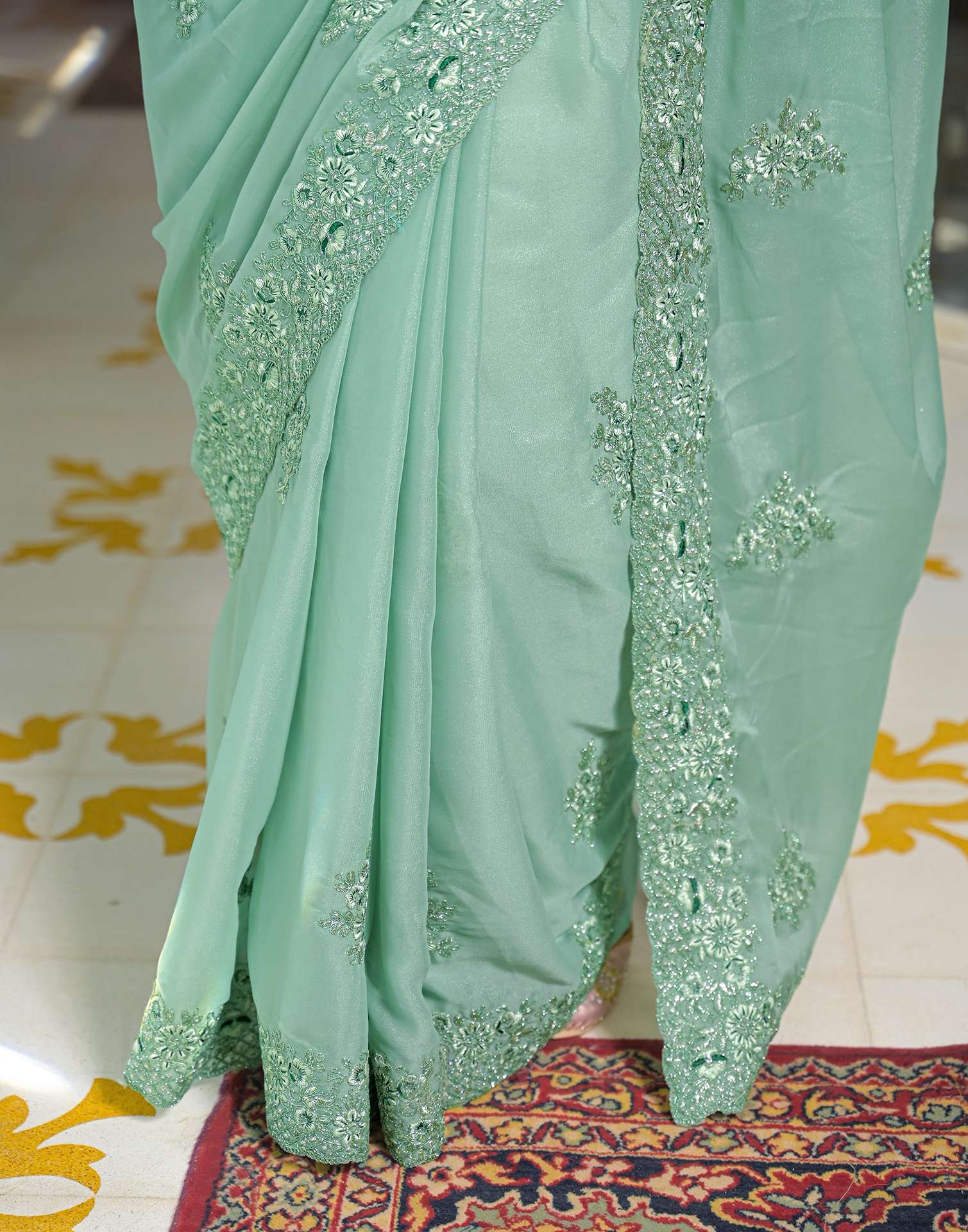 Pista Green Shimmer Embroidery Saree - Image 6