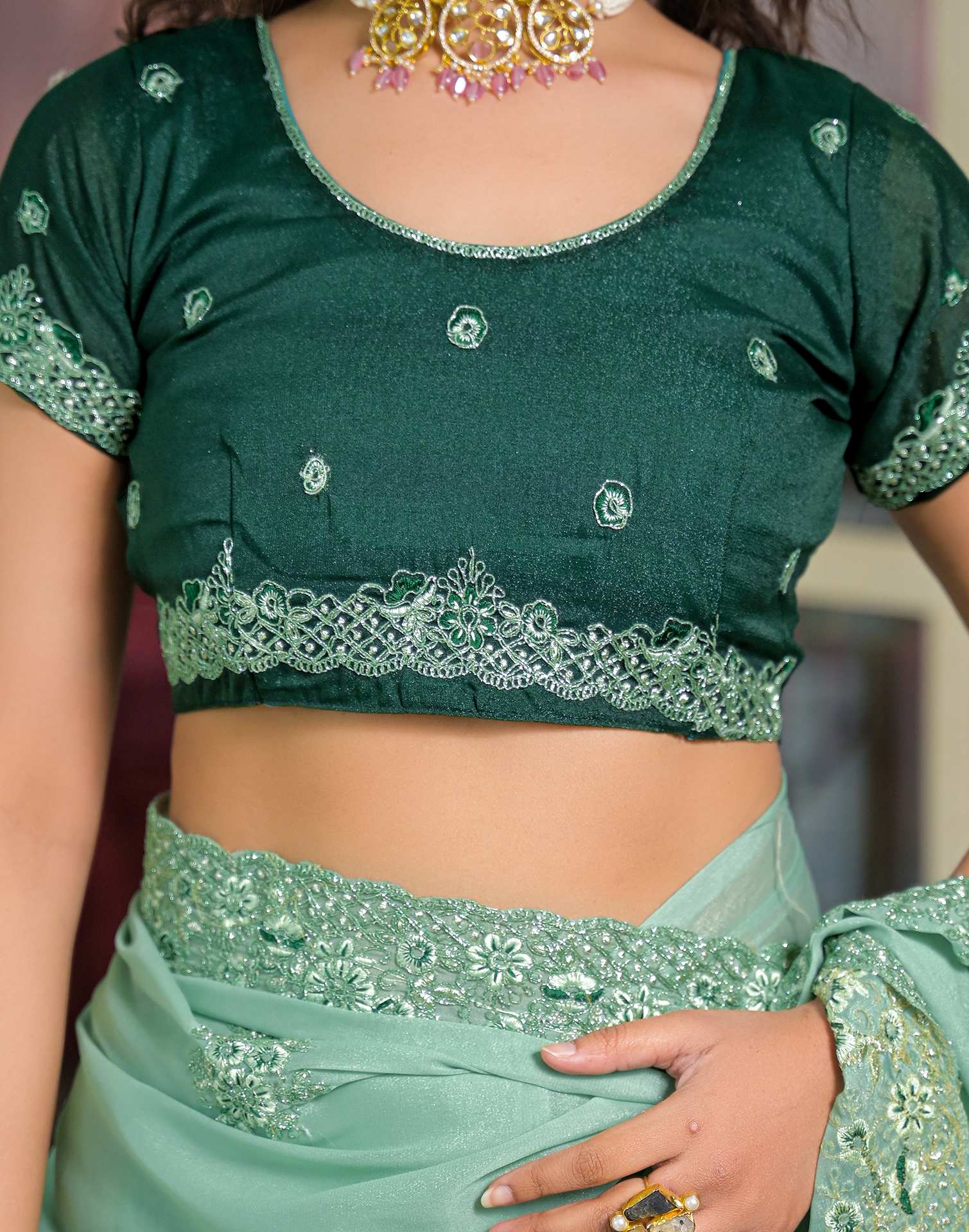 Pista Green Shimmer Embroidery Saree - Image 8