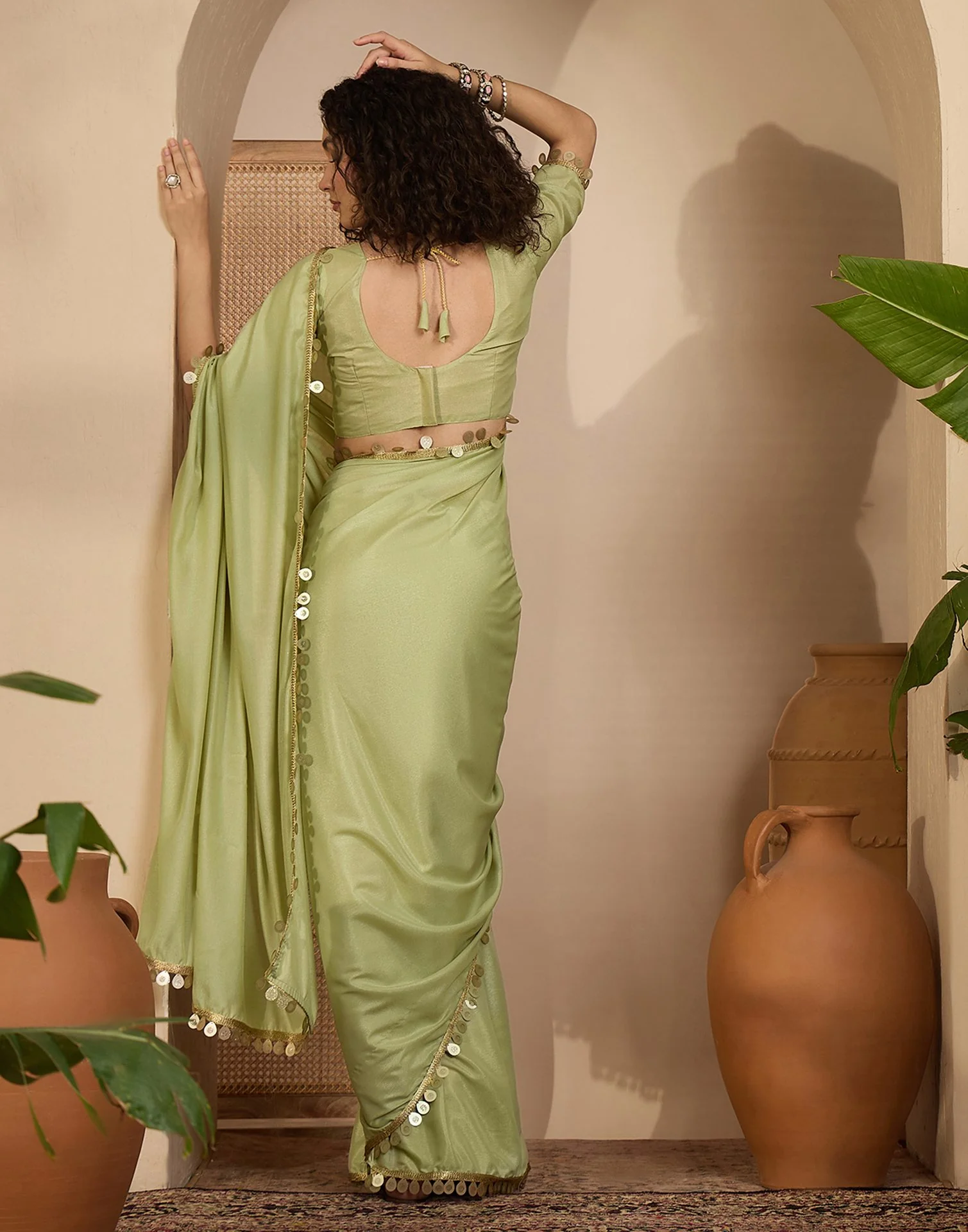 Pista Green Shimmer Lace Saree - Image 6