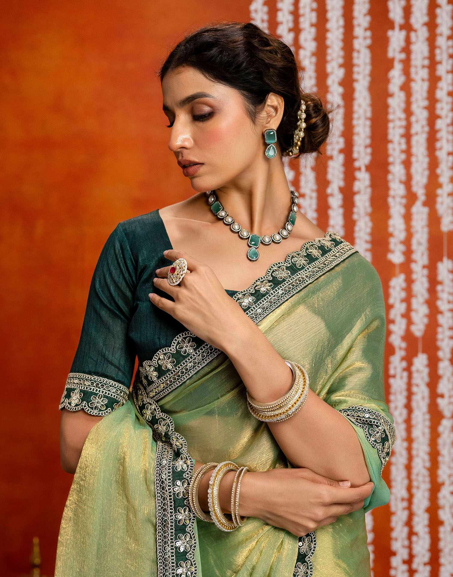 Pista Green Shimmer Sequence Lace Saree - Image 2