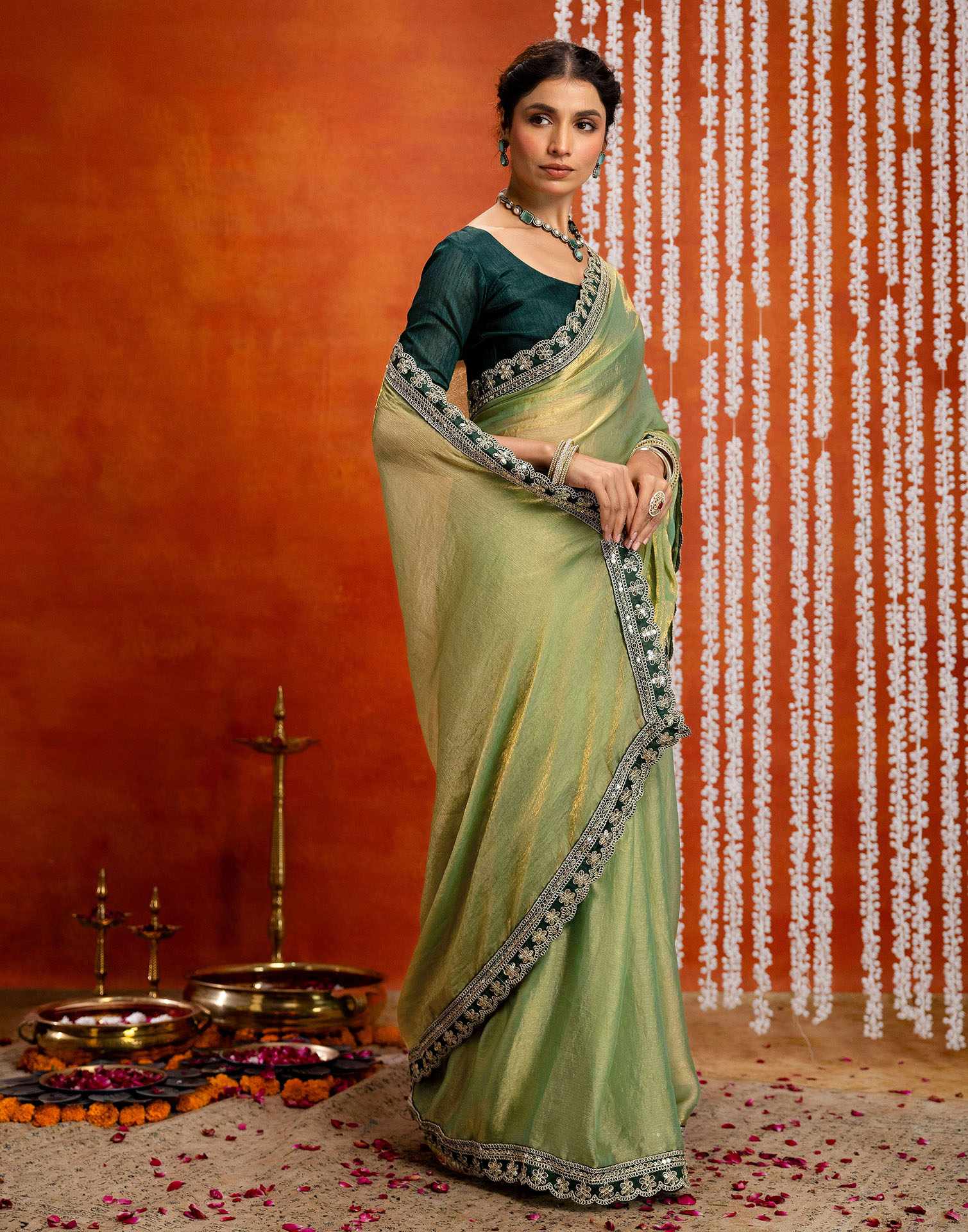 Pista Green Shimmer Sequence Lace Saree - Image 5