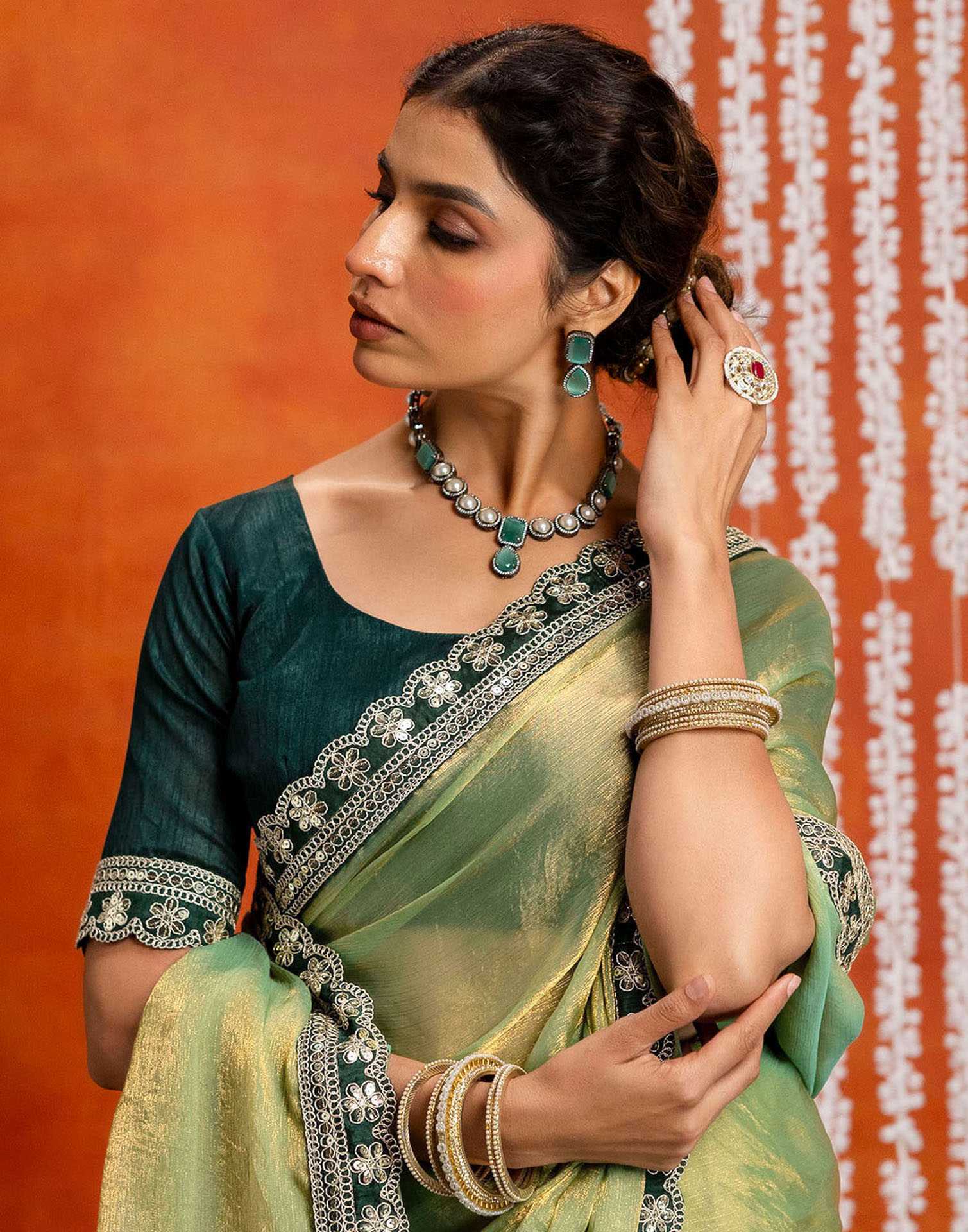 Pista Green Shimmer Sequence Lace Saree - Image 7