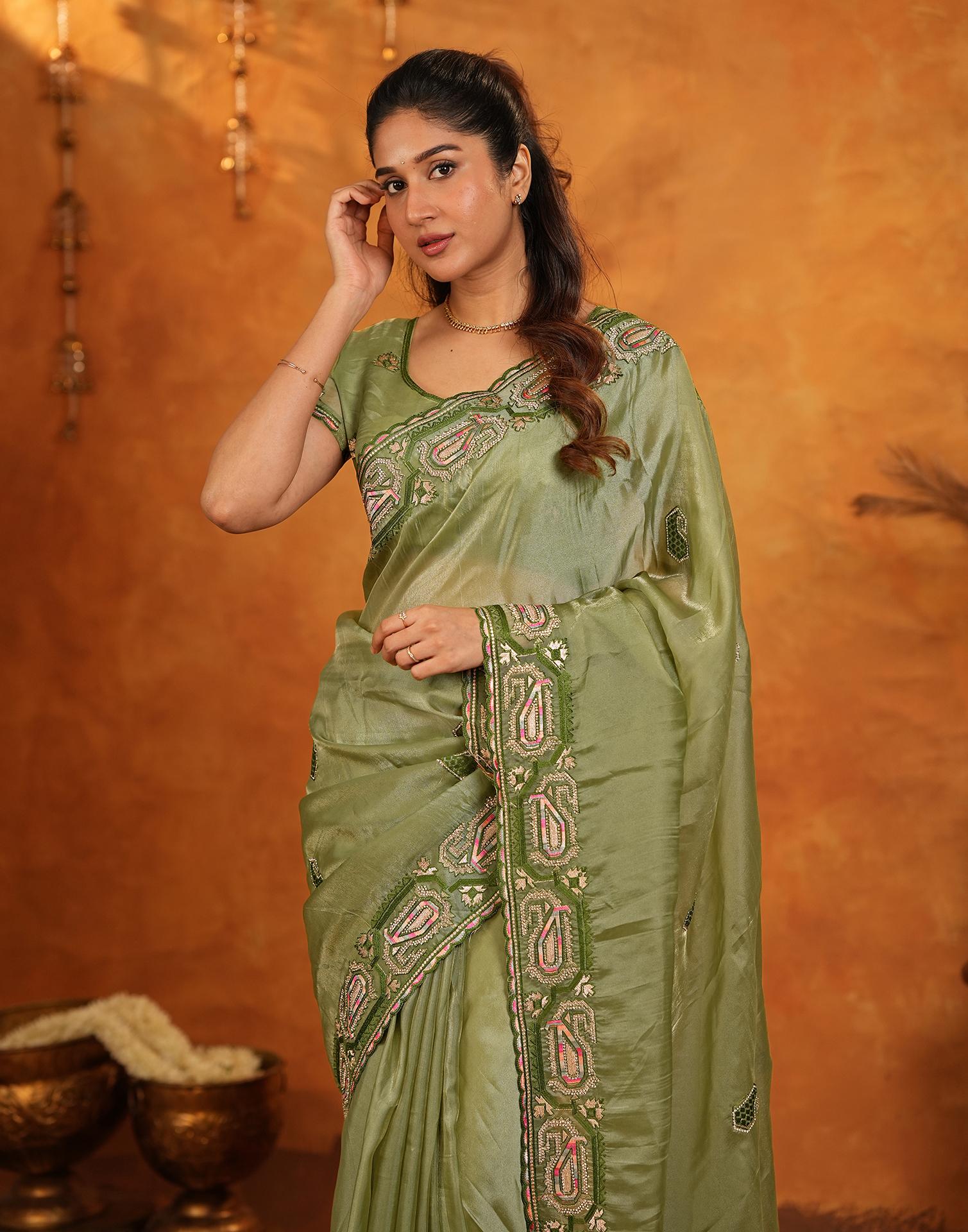 Pista Green Shimmer Silk Stone Work Embroidery Saree - Image 11
