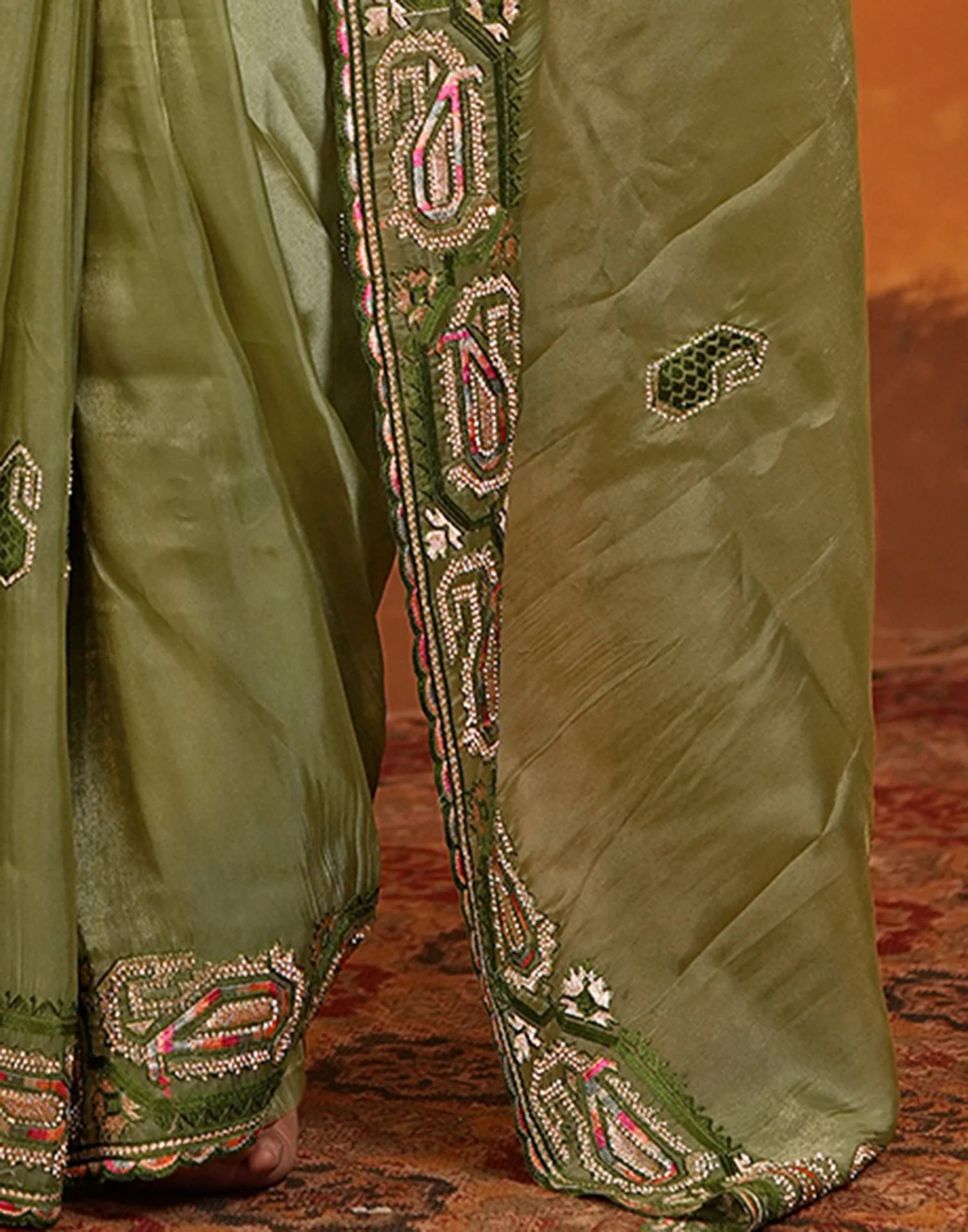 Pista Green Shimmer Silk Stone Work Embroidery Saree - Image 12