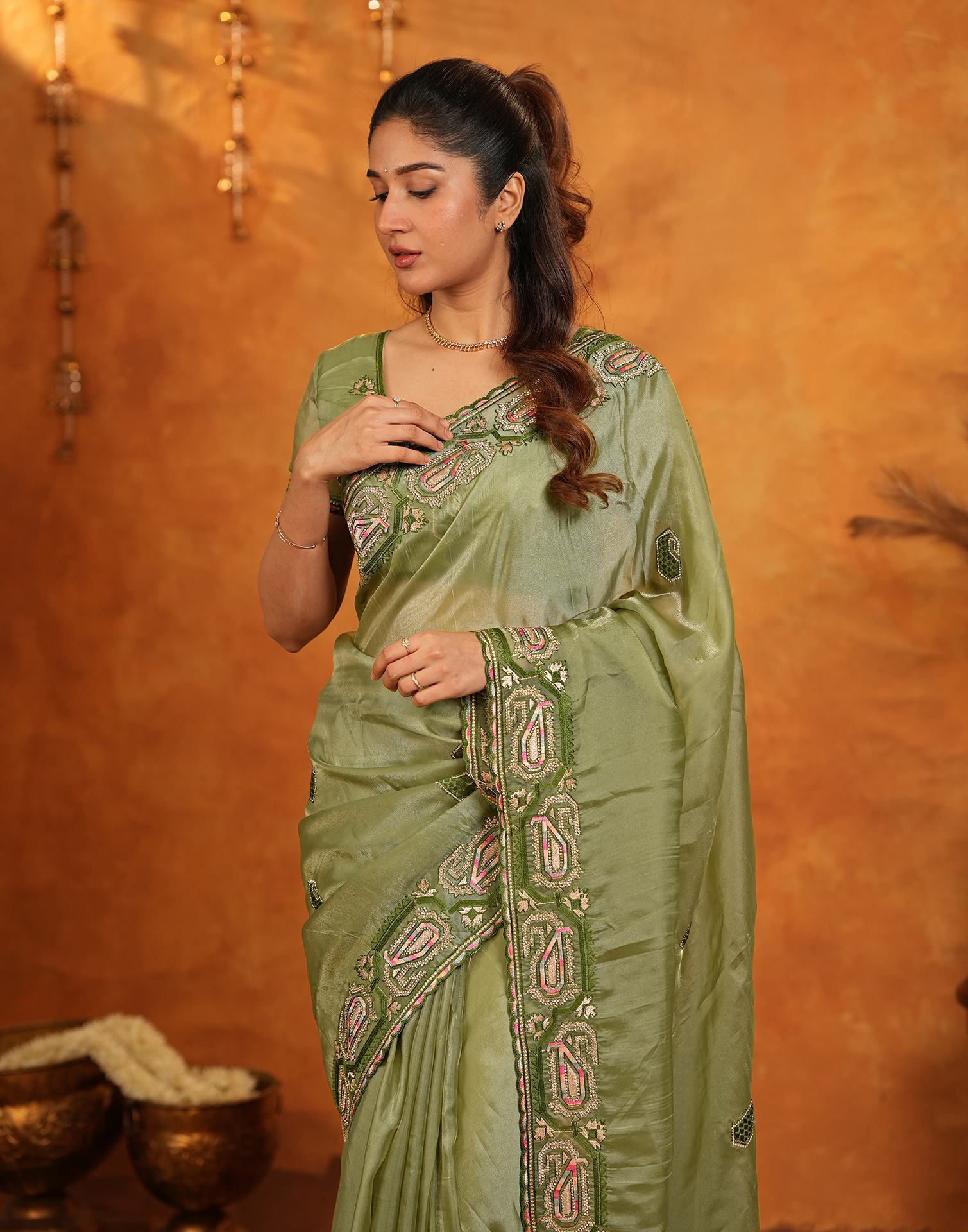 Pista Green Shimmer Silk Stone Work Embroidery Saree - Image 2